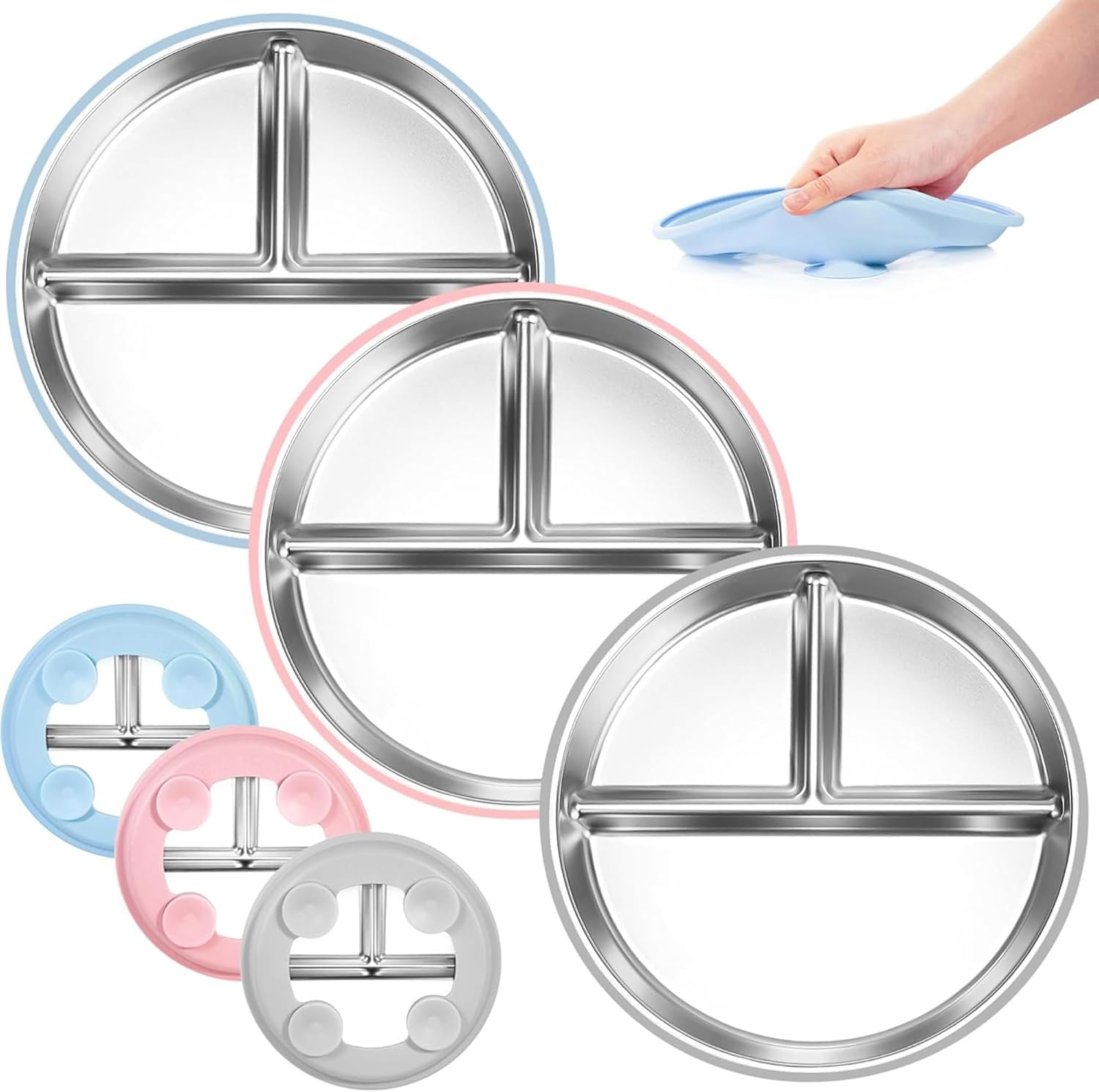 Stainless Steel Baby Plate with Suction, 9&rdquo; Divided Toddler Plates with Removable Silicone Sleeves for Kids, Non-Toxic Non-Slip Unbreakable Dishwasher Safe Dinnerware(Blue & Gray & Beige-9In)