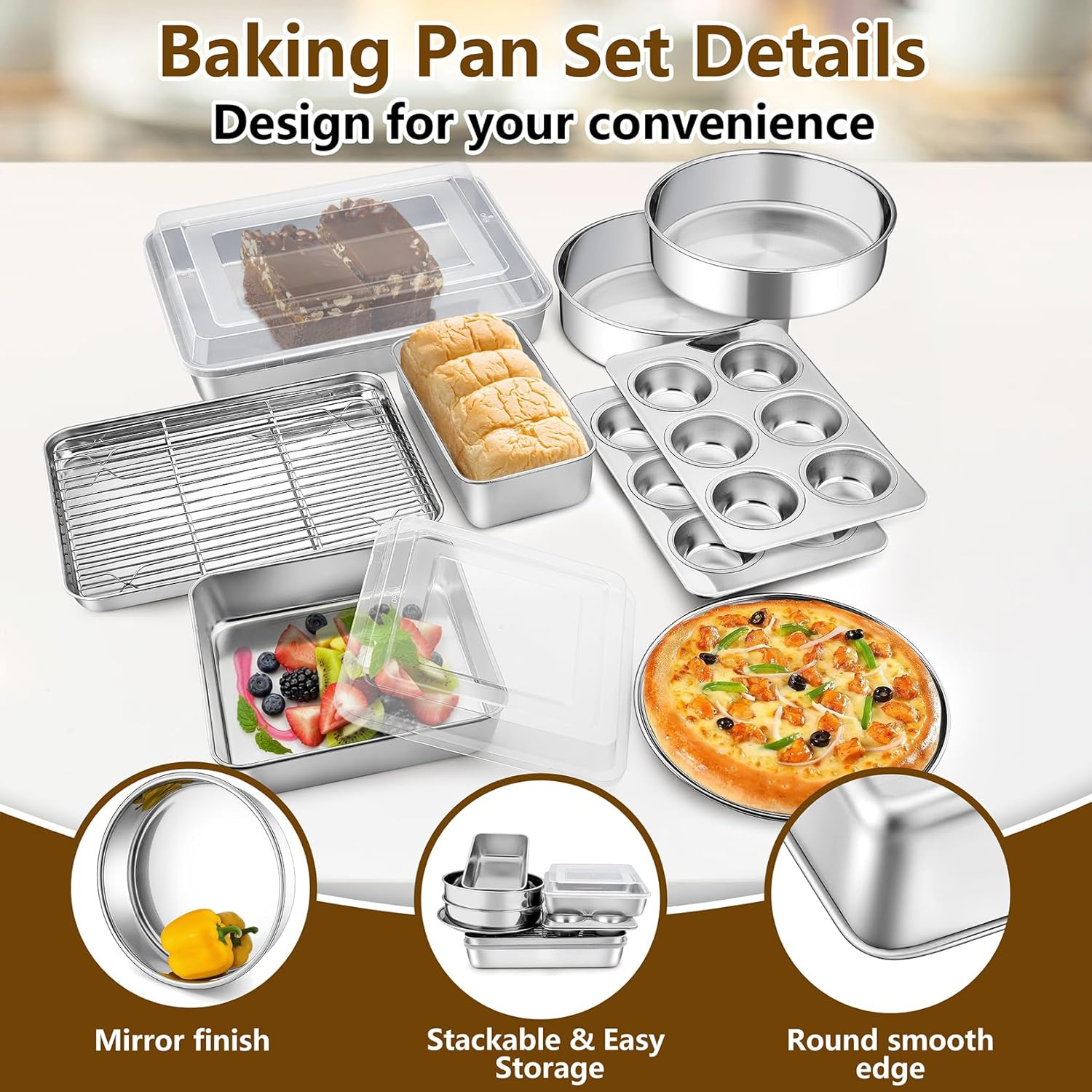 P&P Chef Stainless Steel Bakeware Set, 12-Piece Kitchen Baking Pans Set, Baking Sheet with Rack, Square Cake Pan with Lid, Lasagna Pan, Loaf Pan, Muffin Pan, Pizza Tray & 2 Covers, Easily Clean image number 5