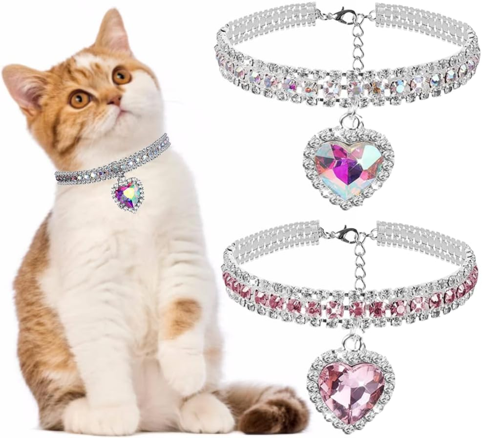 2 Pack Diamond Collar for Cat Bling Pet Dog Collar Fashion Crystal Diamond Adjustable Rhinestone Cat Necklace Cat Collars for Puppy Kitten (Heart,S) image number 3