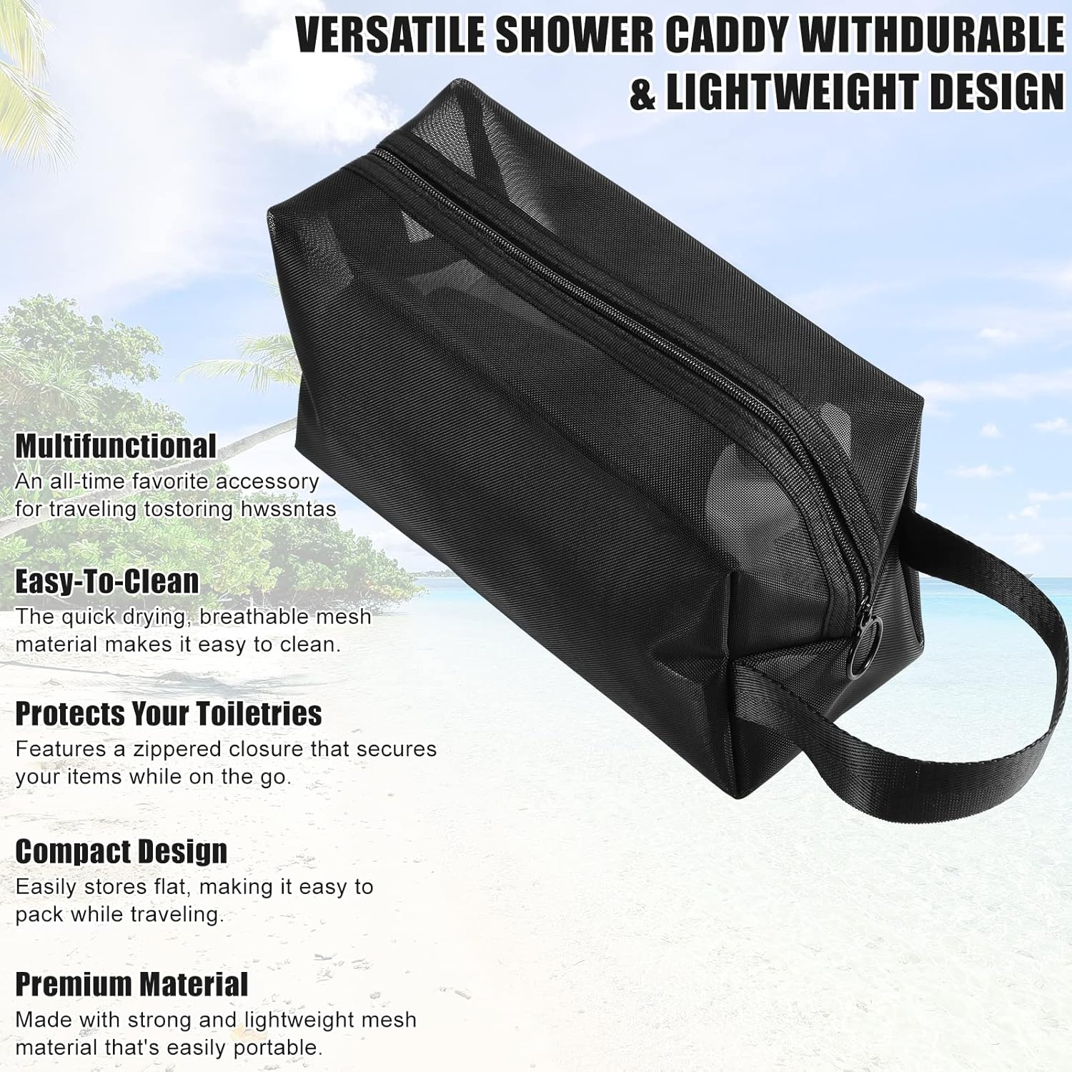 Black Mesh Shower Bag, Mesh Shower Caddy Portable Toiletry Bag Zippered Mesh Shower Bag Small with Handldes Hanging Carring Convenient for Travel, Bathroom, Cosmetics Organizer, Black, 21 X 12 X 8 Cm image number 2