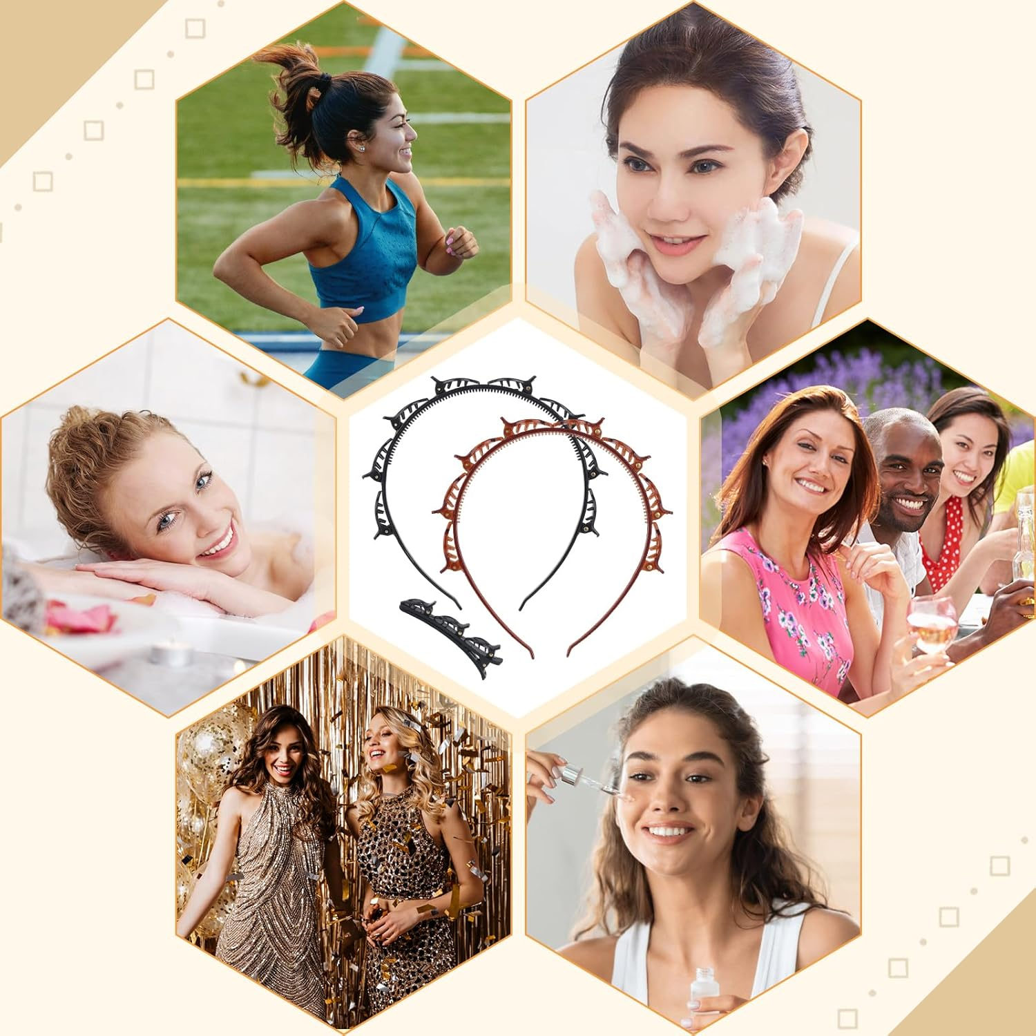 Pack of 4 Headband with Clips, Braided Headband with Clips, Bangs Headband with Clips, Headband with Clips with 4 Hair Clips for Women, Girls (Black + Brown) image number 2