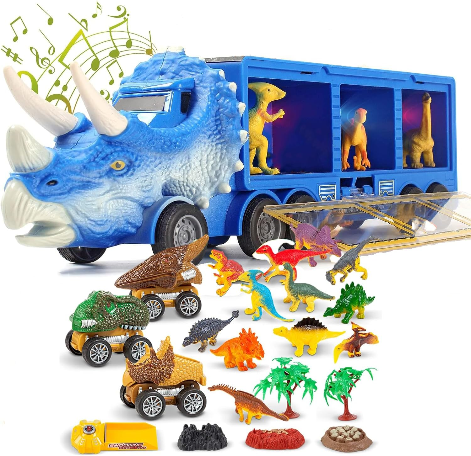 CKIKH Dinosaur Truck with 12 Small Dinosaurs and 3 Pull Back Cars Small Cars Set Birthday Toys for 3+ Year Old Boy Transport Carrier Truck for Toddlers over 3 Years (Green)