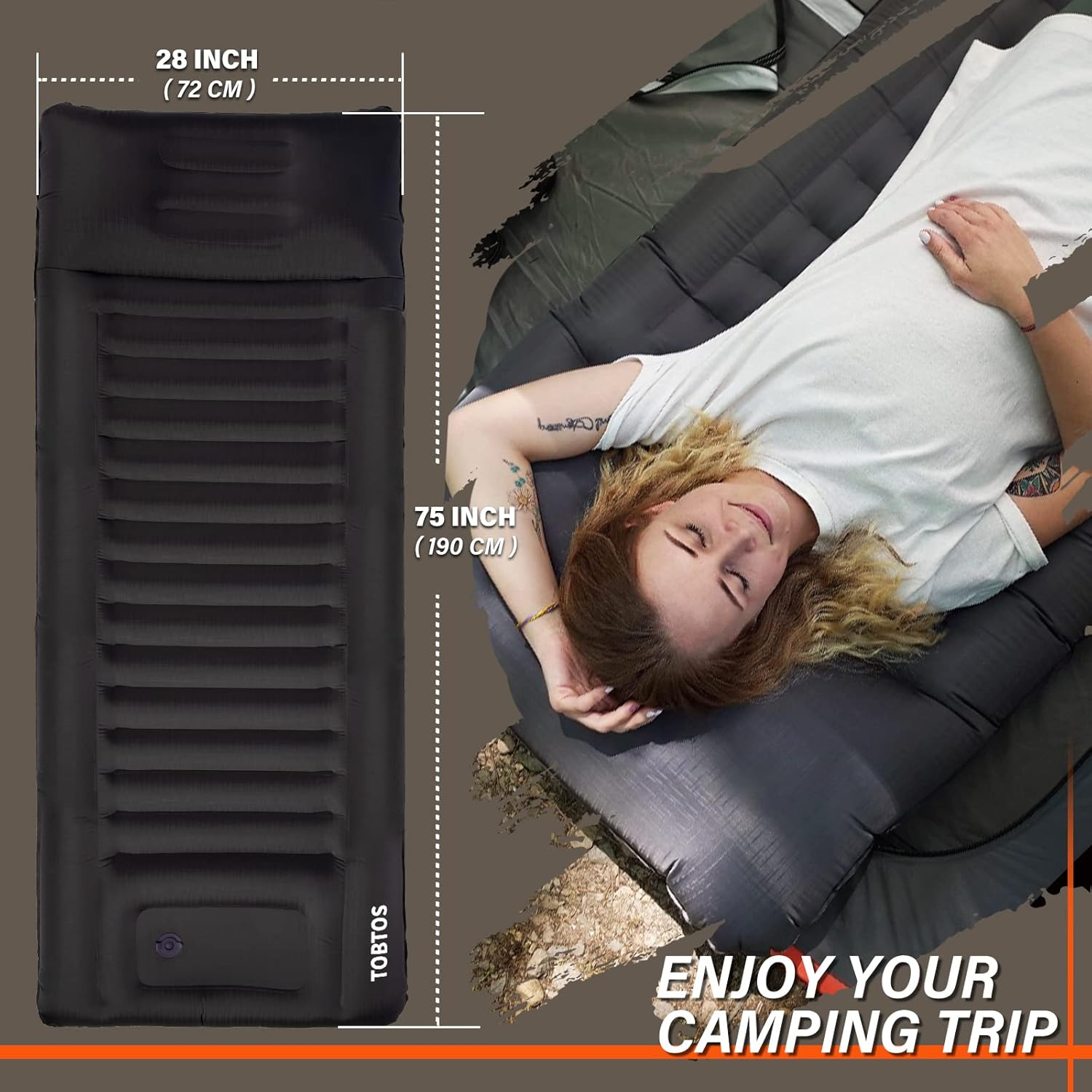 TOBTOS Self Inflating Camping Sleeping Pad with Pillow, Thick 6 Inch Ultralight Sleeping Pad with Built-In Pump, Lightweight Sleeping Mat for Camping, Backpacking, Hiking, Tent (Grey) - Blue image number 4