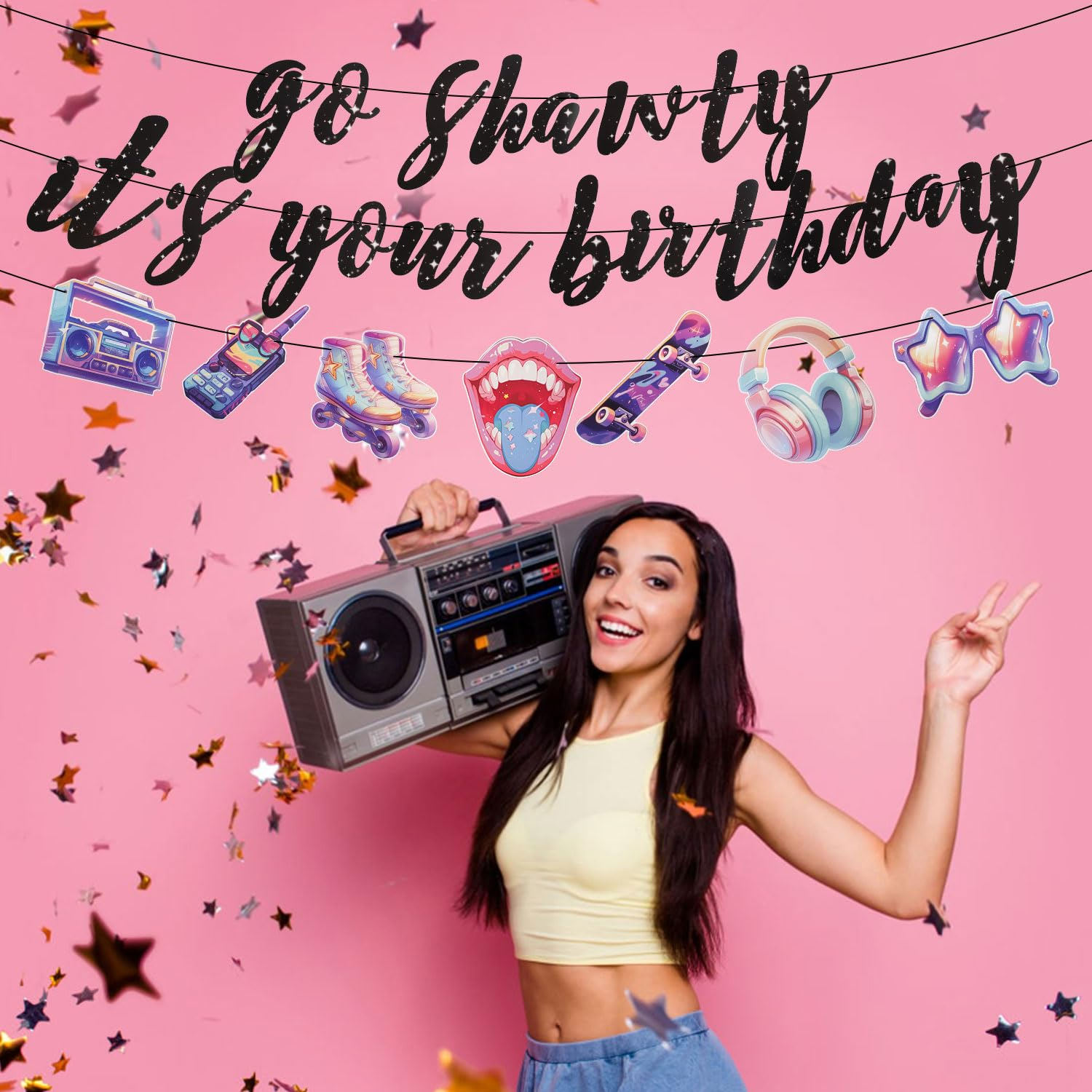 Go Shawty It'S Your Birthday Banner, Music Theme Birthday Banner Birthday Decorations Black Pre-Assembled Reusable Shiny Black Happy Birthday Banner for Birthday Parties