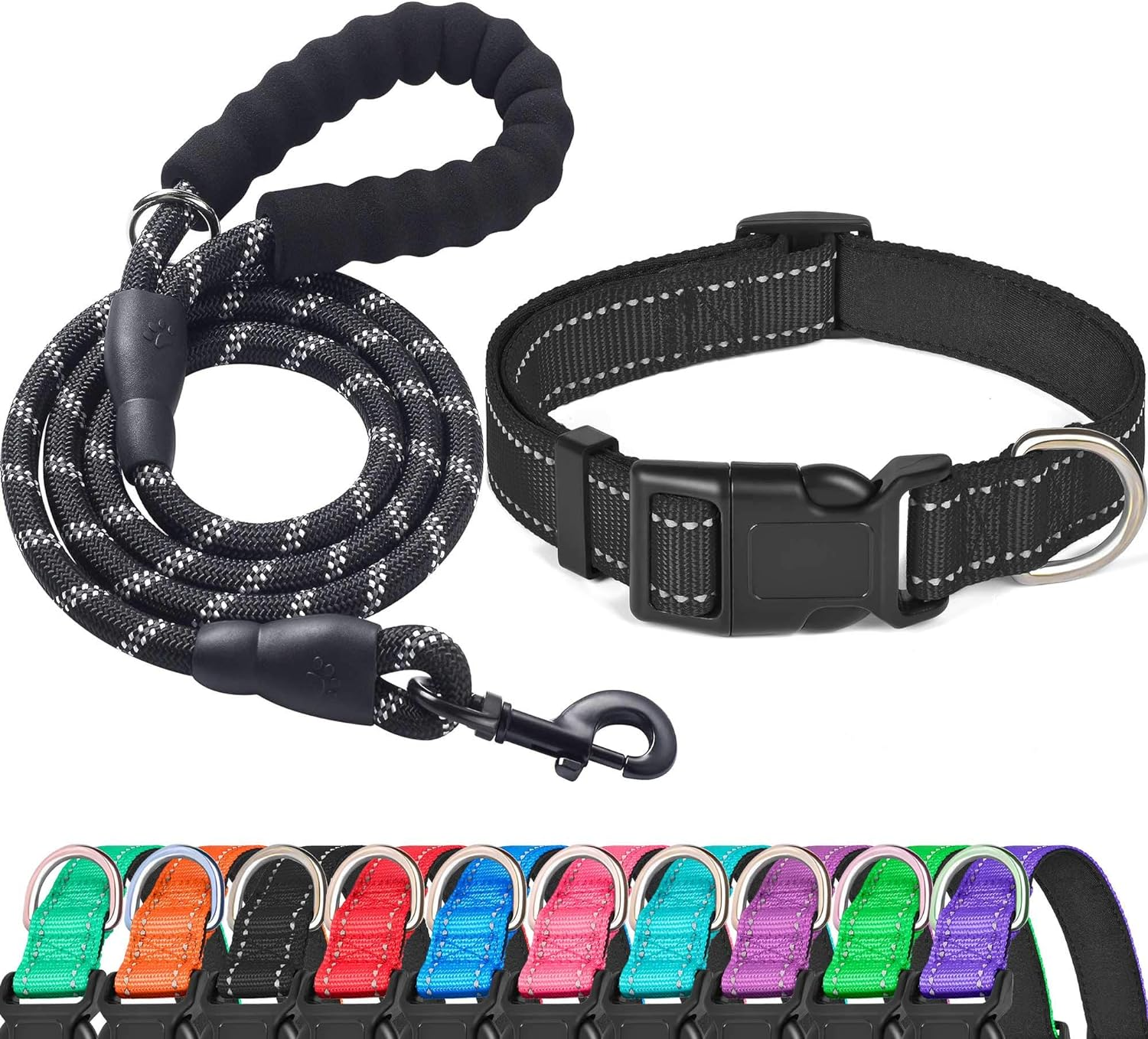 Reflective Dog Collar Padded with Soft Neoprene Breathable Adjustable Nylon Dog Collars for Small Medium Large Dogs (X-Small (Pack of 1), Purple Collar+Leash)