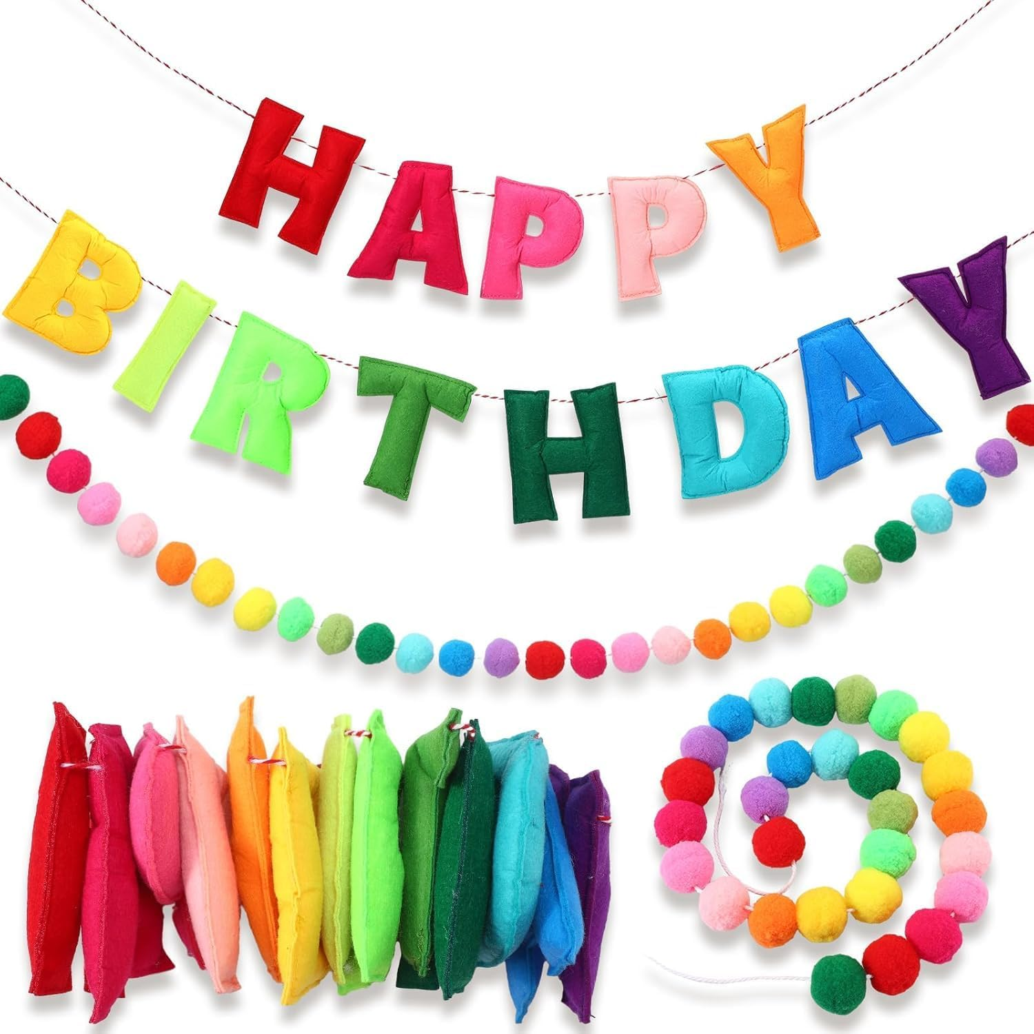 Lumjoy 118 Inch Pre-Strung Rainbow Felt Happy Birthday Banner & Felt Ball Garland Set image number 4