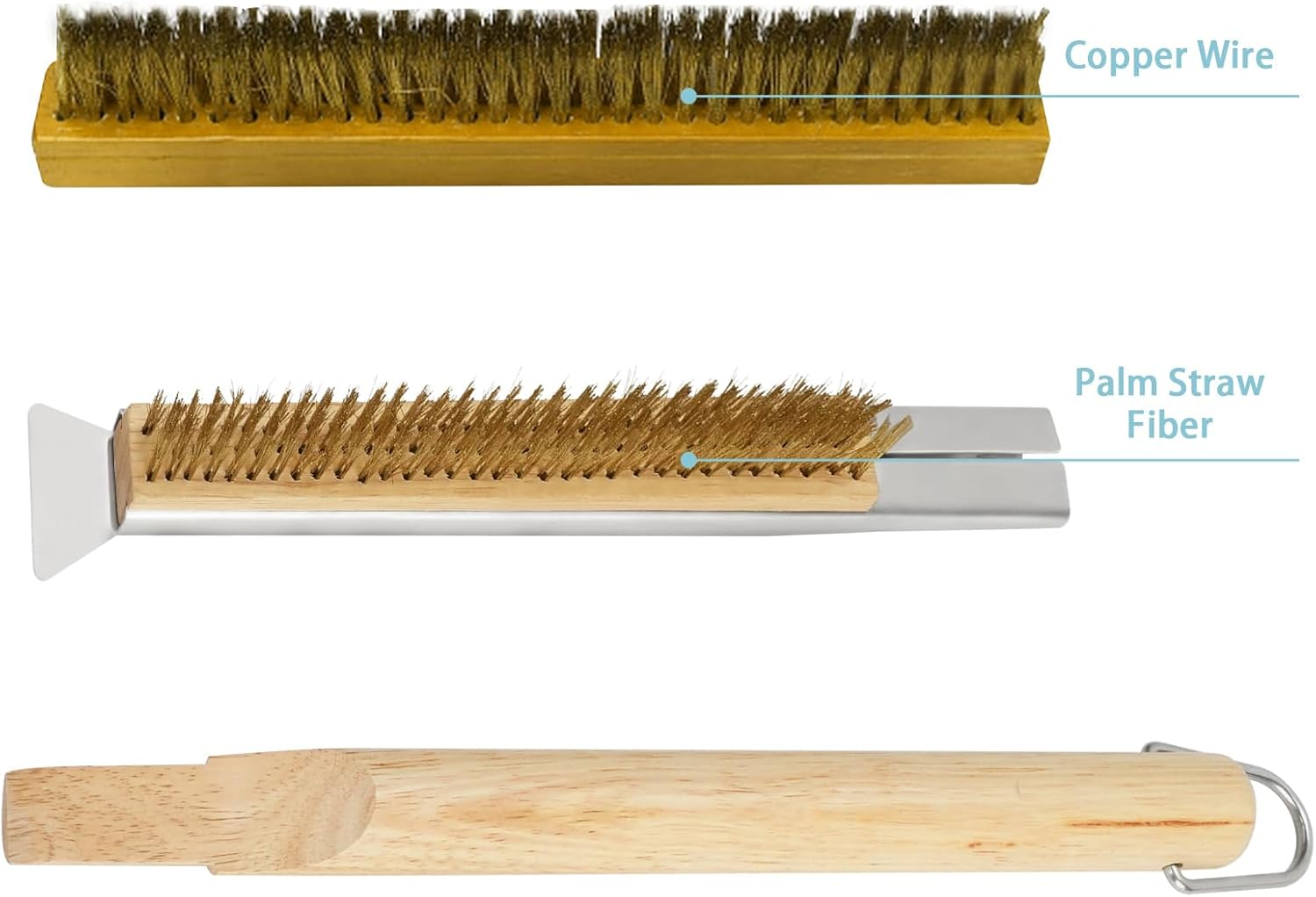 21'' Pizza Oven Brush with Scraper, Brass Bristles Pizza Stone Cleaning Brush with Wooden Long Handle Hanging Ring for Oven Pizza Accessories Outdoor (Copper Wire Brush) image number 5