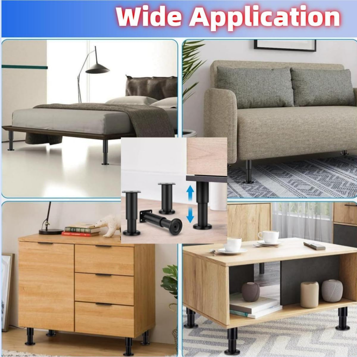 4-Pack Adjustable Height Bed Support Legs(18-32Cm) -Furniture Legs | Cabinet Feet | Black Metal Replacement Feet with Non-Slip Pads | Bed Center Slat Support image number 1