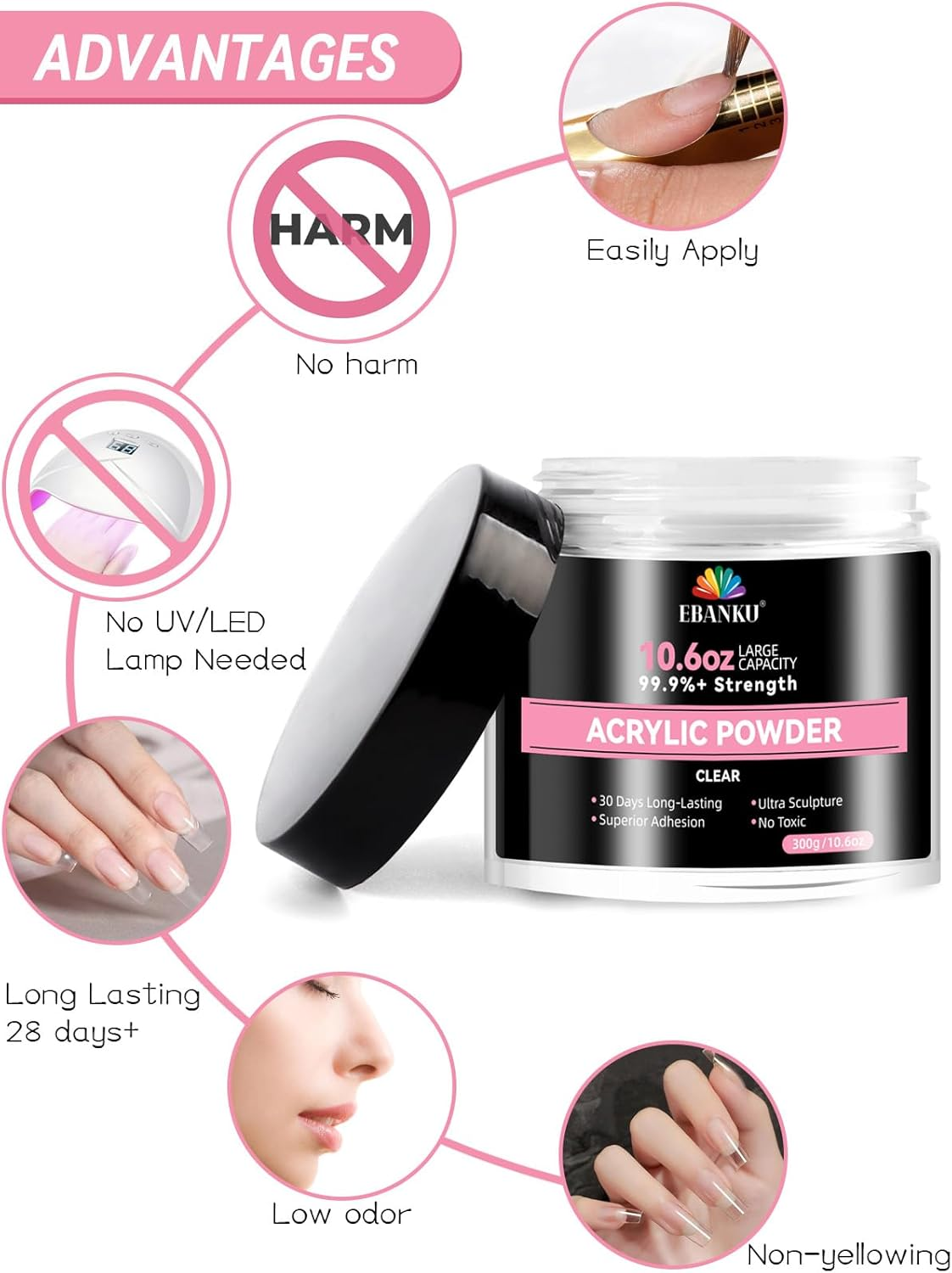 EBANKU 10.6Oz Clear Acrylic Powder, Crystal Transparent Acrylic Nail Powder for Nail Extenstion, Nail Carving, Long-Lasting, No Lamp Needed, Professional Nail Powder for French Manicure image number 4