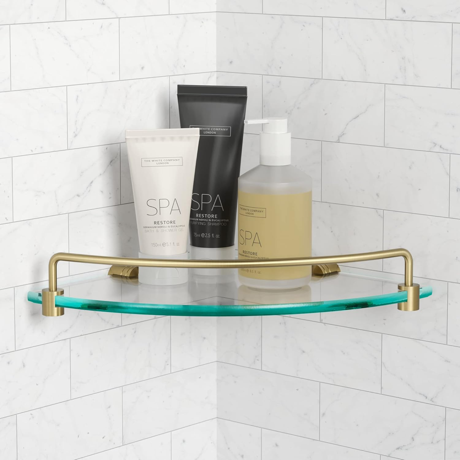 Kraus Elie Glass Bathroom Corner Shower Shelf with Rail in Brushed Gold, KEA-18846BG image number 7