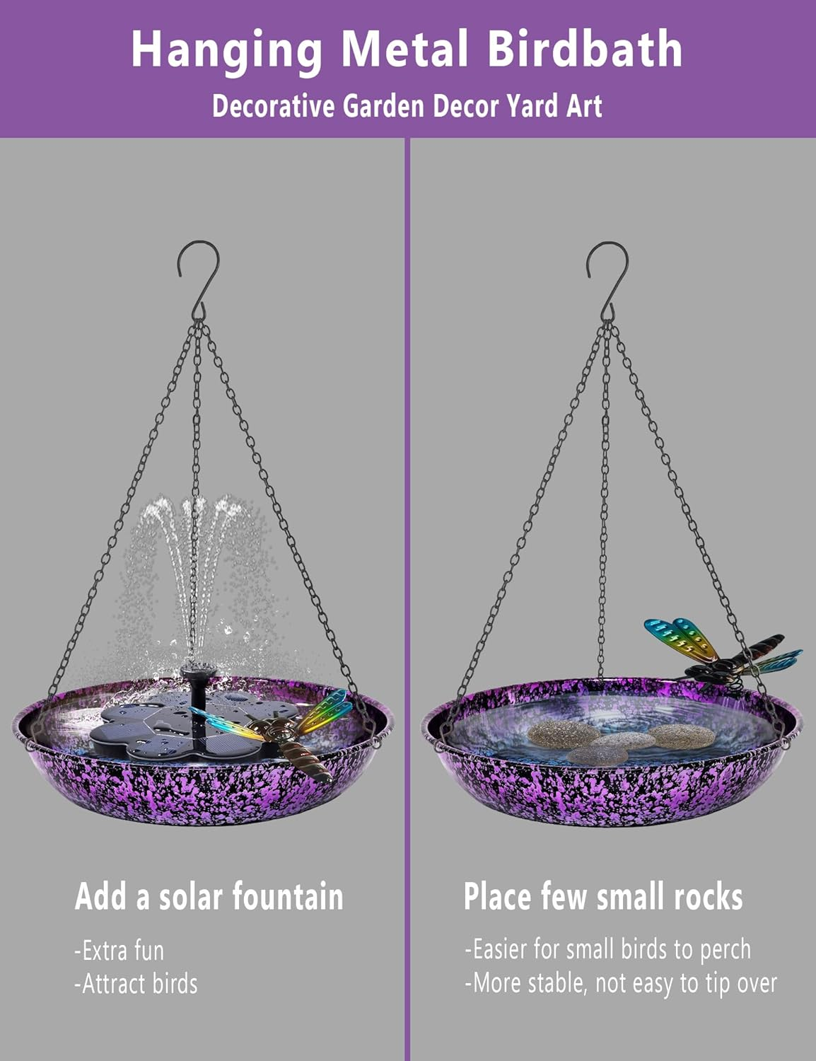 Hanging Bird Bath for Outdoor 11 Inch Colorful Purple&Blue Metal Bird Feeder Birdbath Bowl Mounted Rust-Proof Black Chain Metal Dragonfly Yard Art Garden Decor image number 2