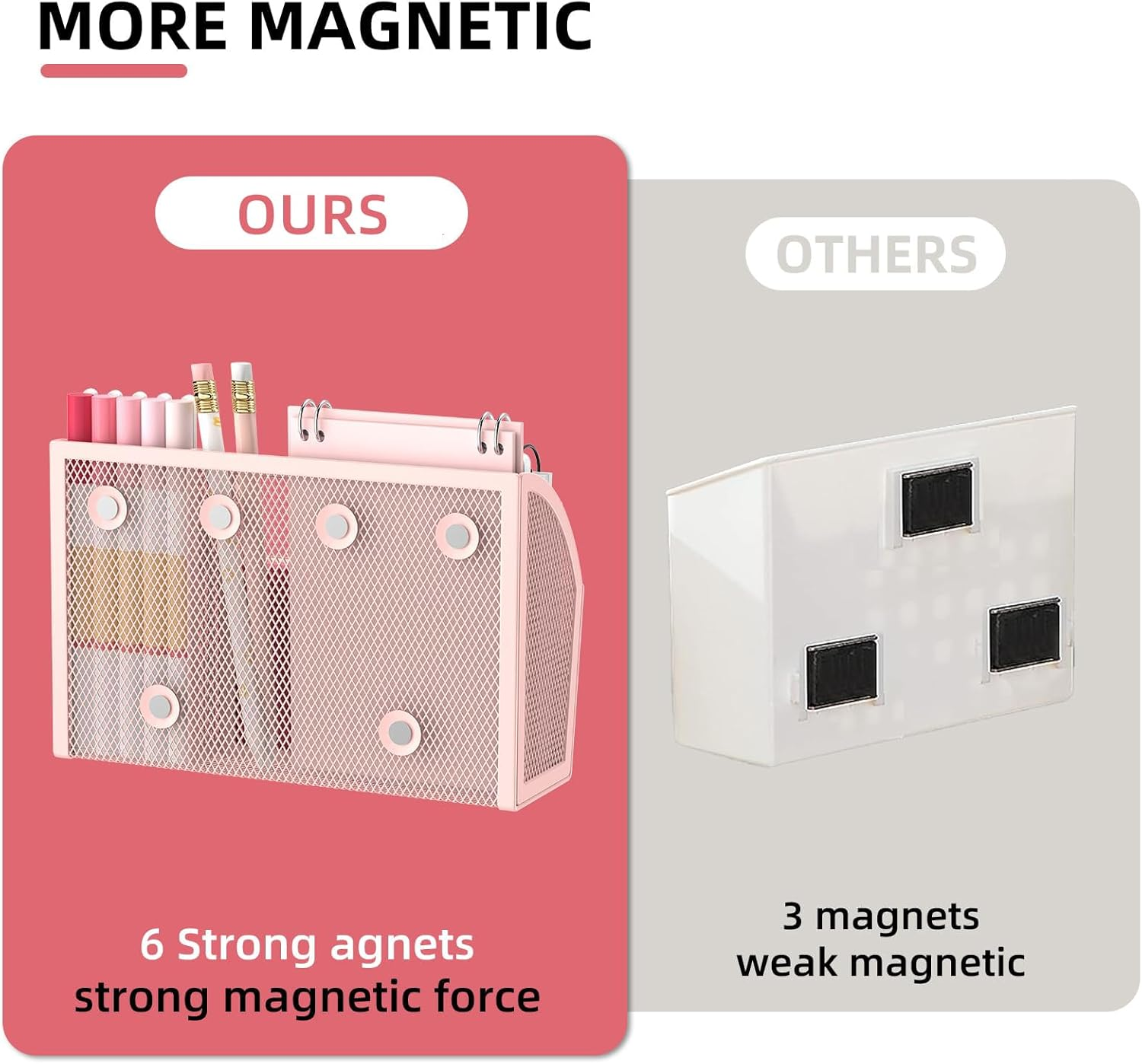 SUPEASY Magnetic Pencil Holder, Magnetic Whiteboard Shelf, 3 Grid Mesh Pen Holder for Refrigerator, Magnetic Organiser, Locker Accessories Organizer for Home, Pink image number 3
