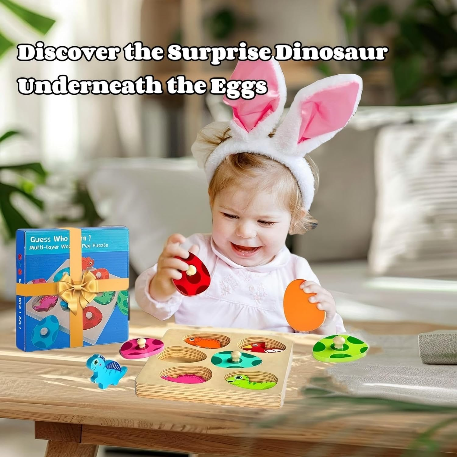 MOONKATE Montessori Wooden Multi-Layer Dinosaur Matching Eggs Pegged Puzzles for Toddlers image number 5