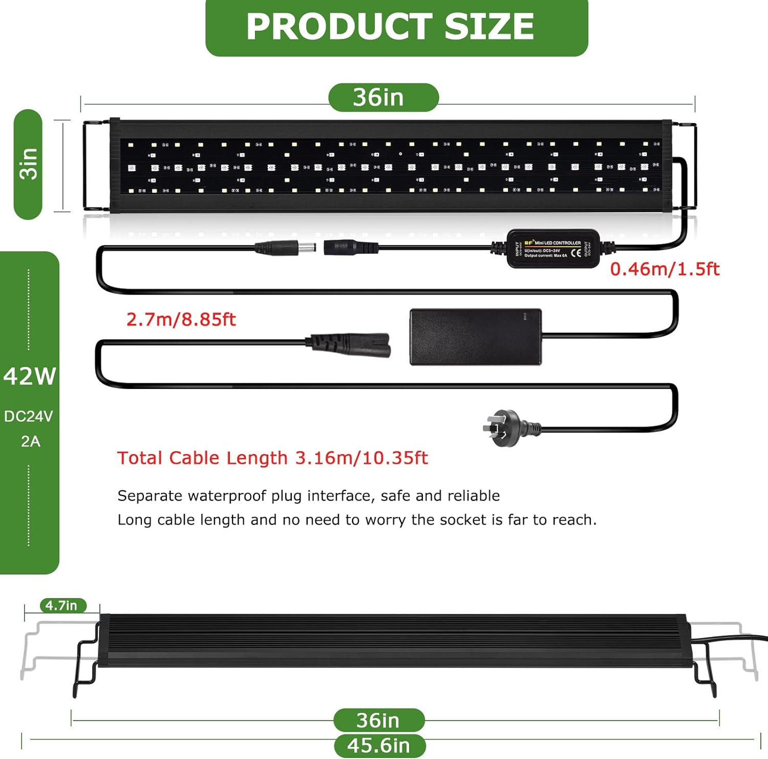 Zingbabu Led Aquarium Light,90-110Cm 42W WRGB Full Spectrum Fish Tank Light, Reef Tank Light with Timer, Brightness Dimmable, Alu Alloy Shell Extendable Brackets Aquarium Lamp image number 6