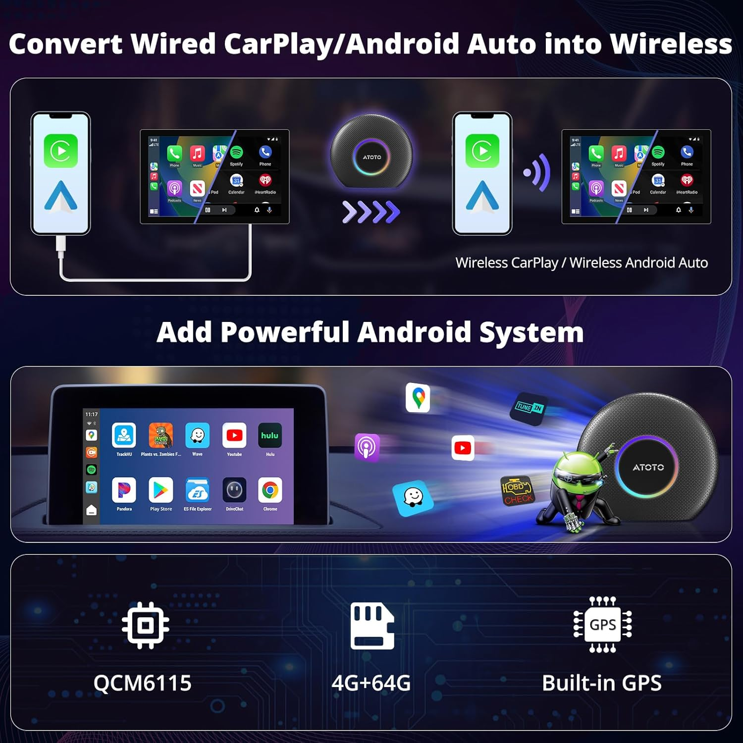 CB6 Carplay AI Box - 2025 Upgrade Wireless Carplay Adapter, Plug & Play Android AI Box with Drivechat, GPS, Compatible with Youtube, Android 13, 2 BT, 4G LTE, 4G+64G, Black image number 3