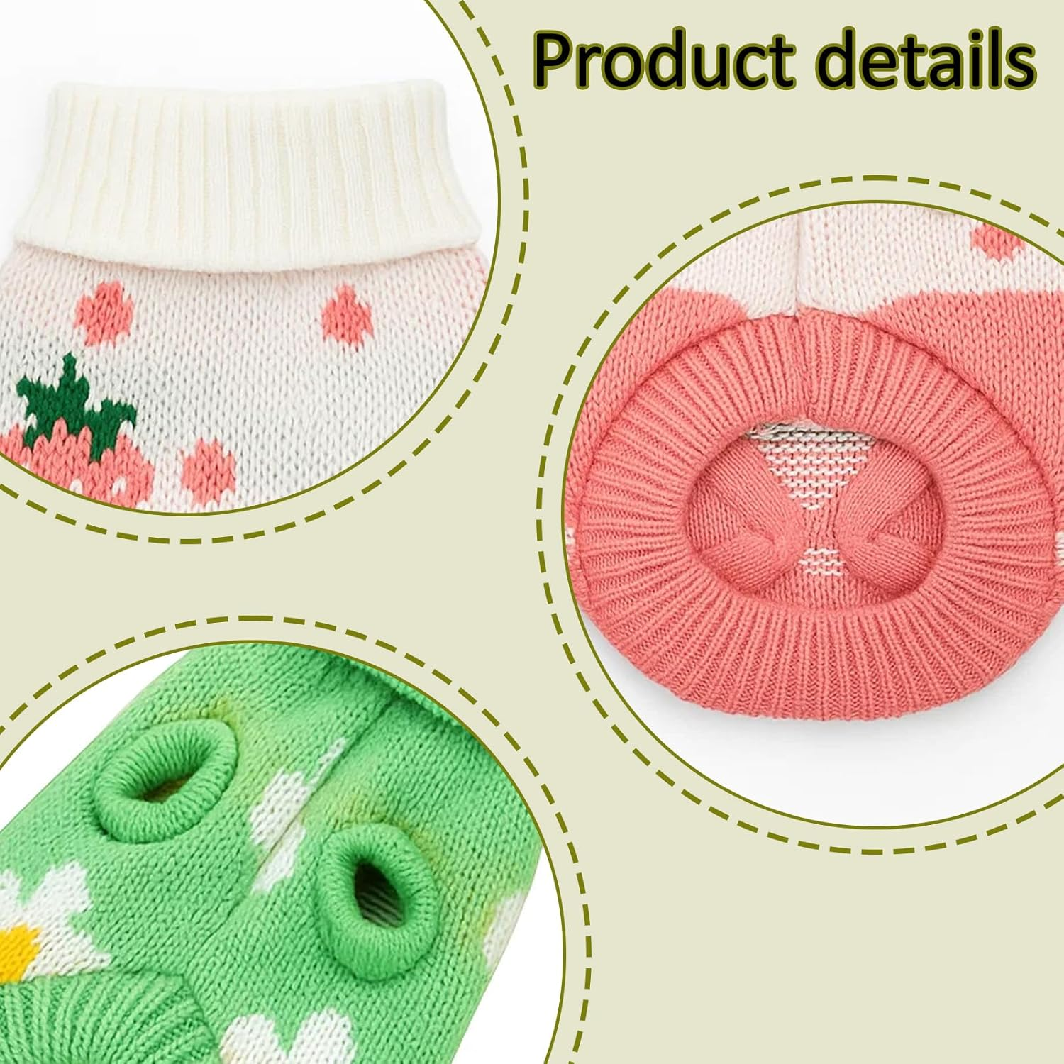 Pack of 2 Dog Jumpers for Small Dogs, Soft Knitted Jumper for Dogs and Cats, Winter Clothing for Pets Such as Rabbits and Guinea Pigs, Green and Pink Strawberry Pattern, 23 Cm image number 5