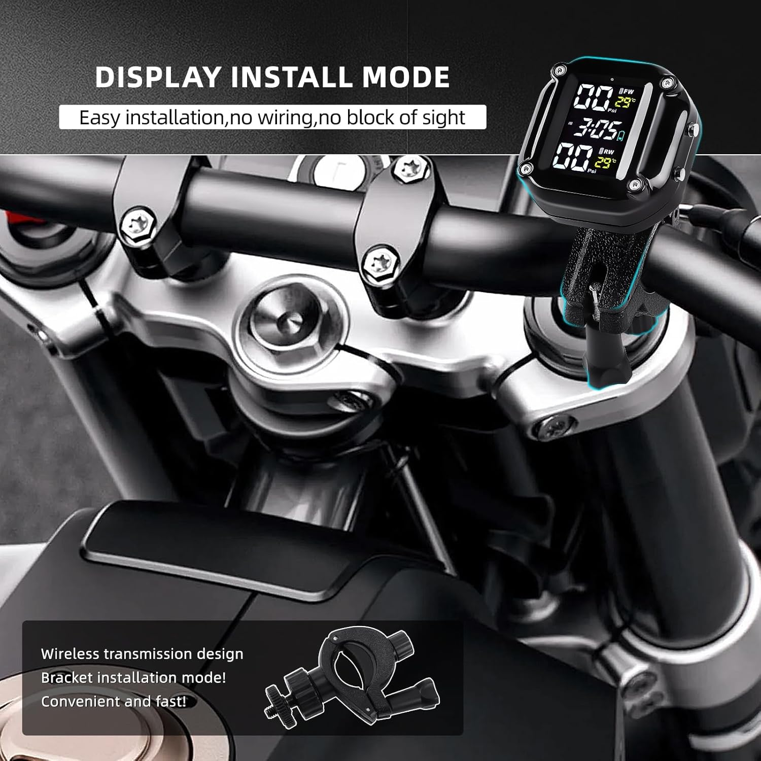 Motorcycle Wireless Tyre Pressure Monitoring System, Motorcycle TPMS with 2 External Sensors, LCD Display, IP67 Waterproof Dustproof, Motorbike Tyre Temperature Alarm, Two-Wheeled Motorcycle TPMS image number 2