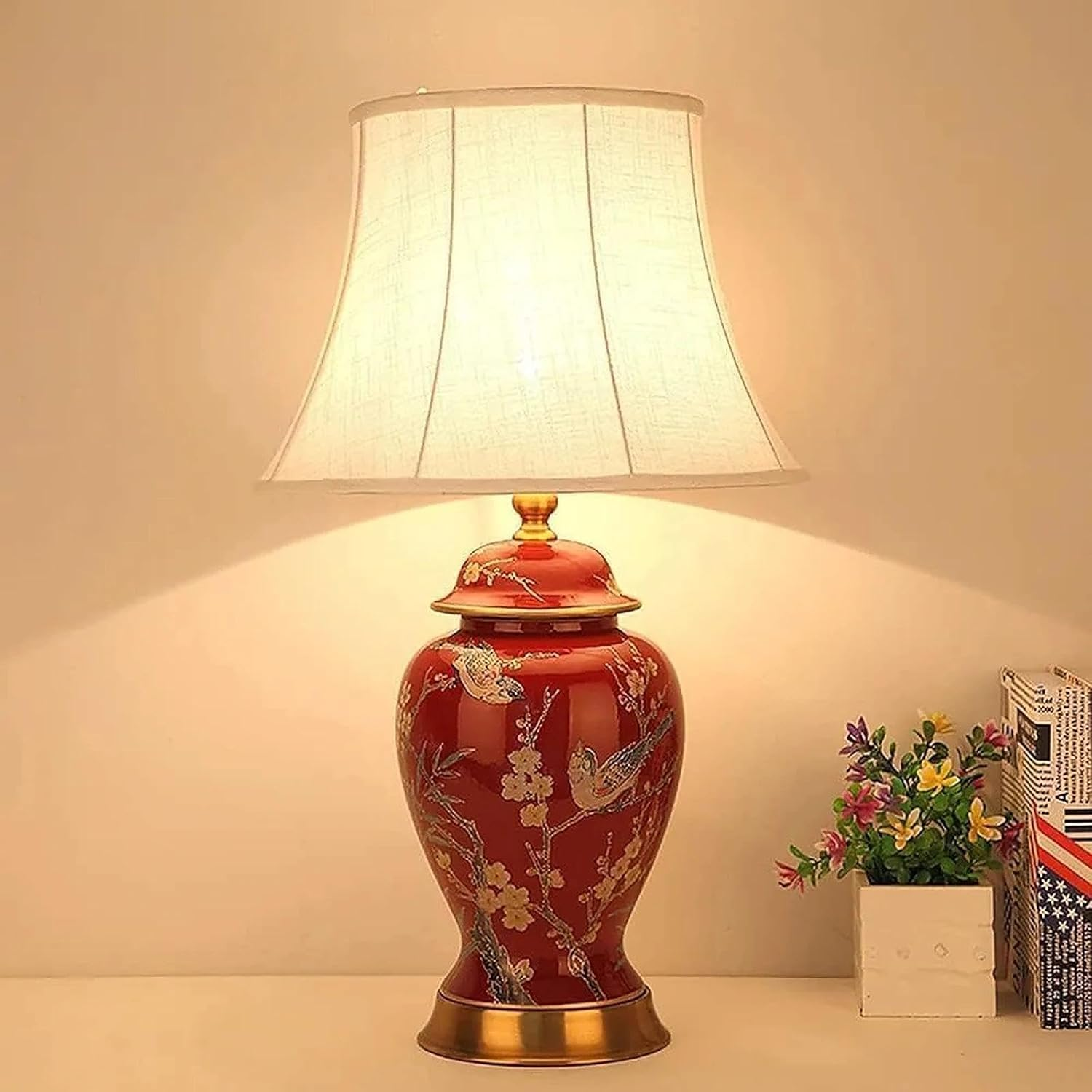 22" Vintage Ceramic Chinoiserie Table Lamp with Floral Birds Design, Classic Bedside Nightstand Lamp with Linen Shade for Bedroom, Living Room, Office image number 3