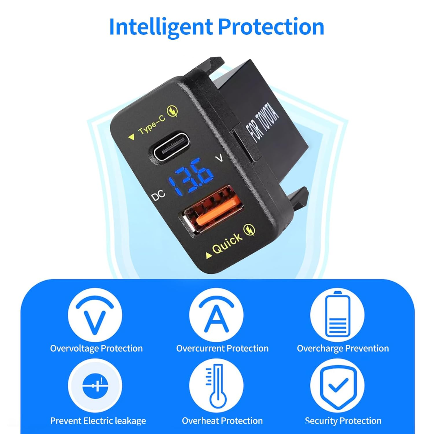 Levigo Car Charger Dual 18W USB PD+QC3.0 Fast Charge for Toyota, Type C USB Car Power Socket with LED Voltmeter Display, Compatible with 12/24V Cars(1.2 * 0.9Inch) image number 4