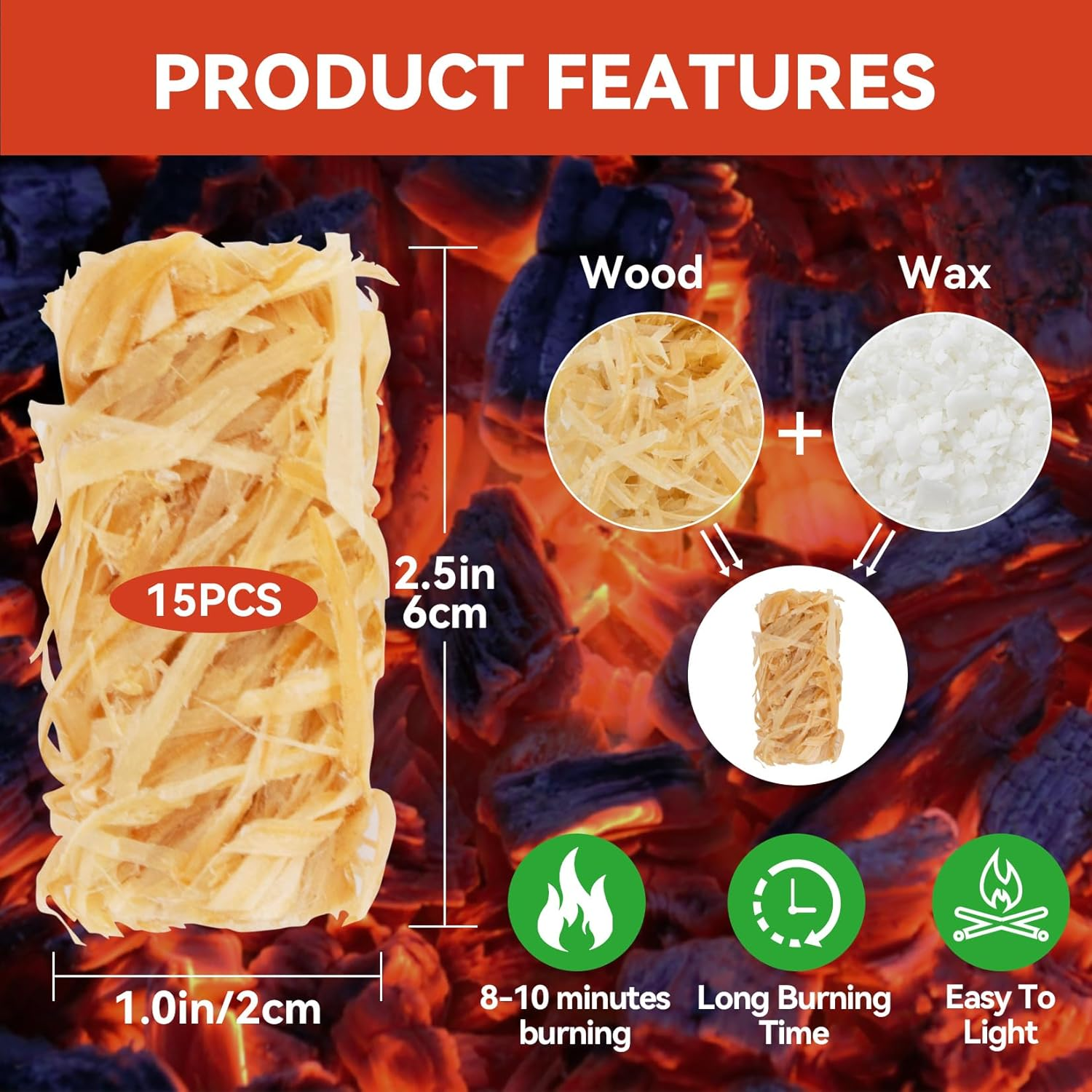 MAQIHAN 15PCS Quick Ignite Fire Starter - Fire Starter Rolls for BBQ Fireplace, Charcoal Starter for Indoor and Outdoor Use, Easily Light, Wax Wood Roll for Campfire, Chimney, Grill, Camping, Survival image number 2