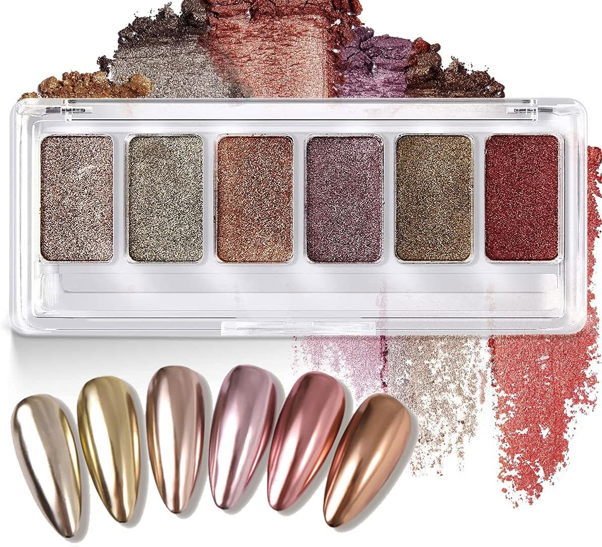 Prettydiva Chrome Nail Powders - 6 Colors Solid Chrome Nail Powders Mirror Finish Palette Set, Rose Gold Silver Red Pink Champagne Mutil Chrome Powder Metallic Nail Pigment Powder for Nails image number 1