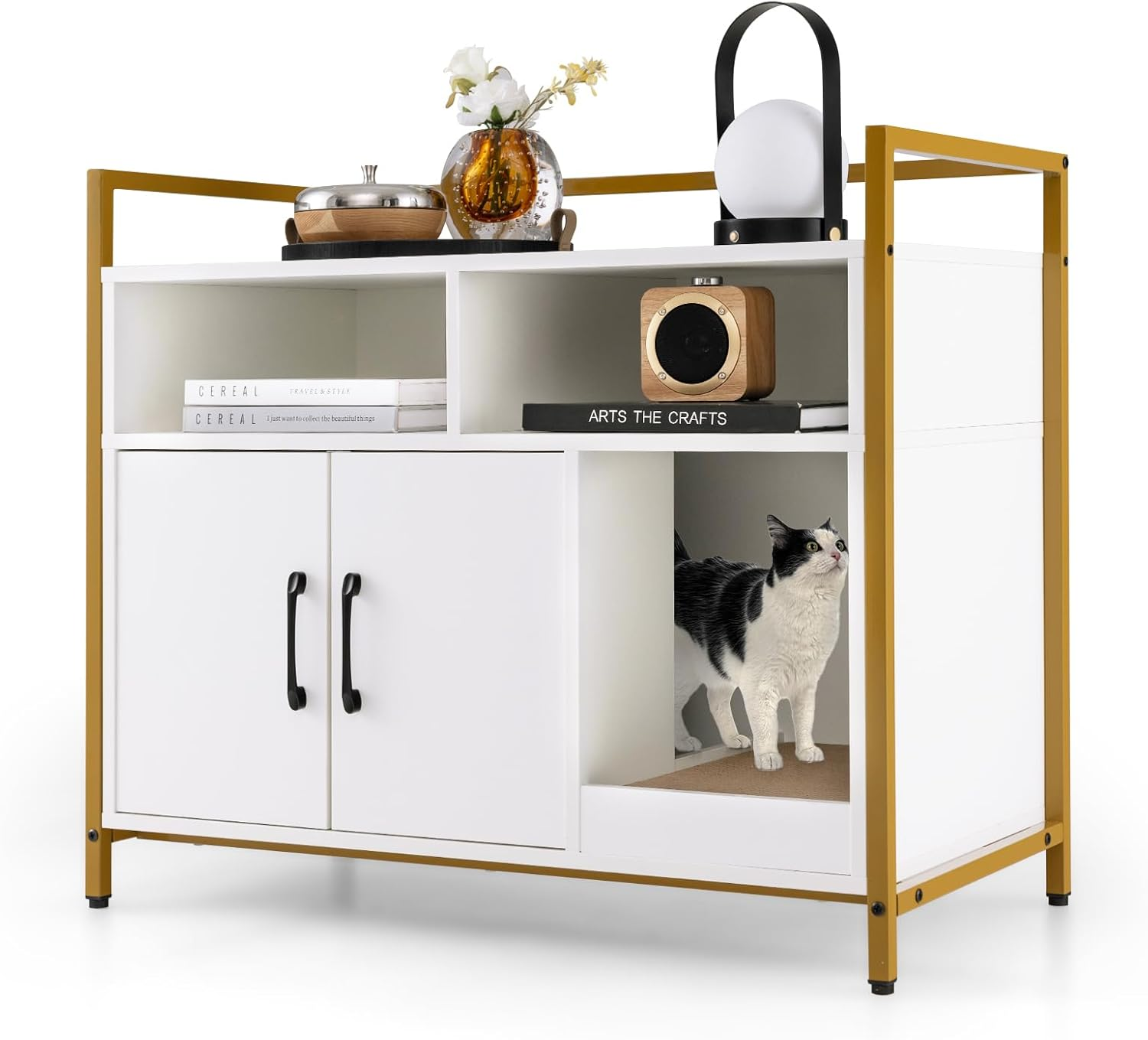 Costway Cat Litter Box Enclosure, Hidden Washroom with Storage & Scratch Pad, Indoor Pet Crate W/Golden Metal Frame, Modern Furniture for Bedroom, Living Room, White,(Pv10054Wh-Costway)