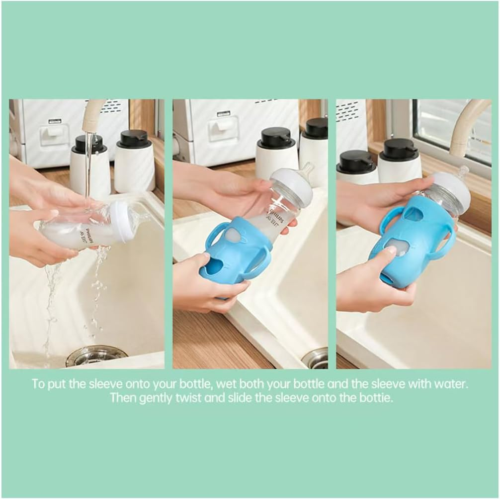 3 Pack Silicone Sleeves for Avent Baby Bottles with Handles, Compatible with Philips Avent Natural Glass Baby Bottles 240Ml, and Easy to Clean and Sterilize. (White+Blue+Green, 240Ml) image number 5