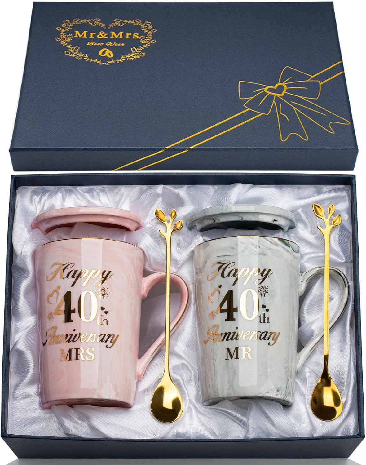 Ruby Anniversary Wedding Gifts, 40Th Anniversary Wedding Gift, 2PCS Happy 40Th Weddin-G Anniversar-Y Mr Mrs Gift Marble Ceramic Cups Set 14Oz, Ruby Anniversar-Y Couple Gifts for Parents, Grandparents - 20Th image number 3