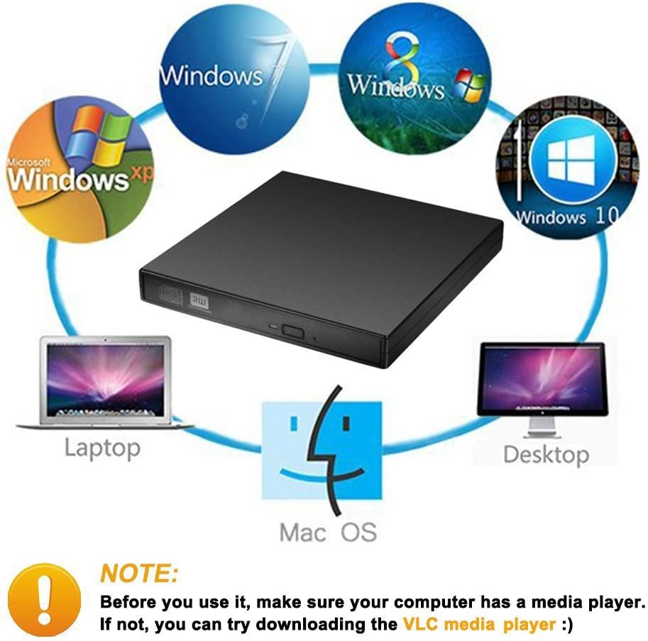 External CD DVD Drive, USB 2.0 Slim Protable External CD-RW Drive DVD-RW Burner Writer Player for Laptop Notebook PC Desktop Computer, Black image number 2