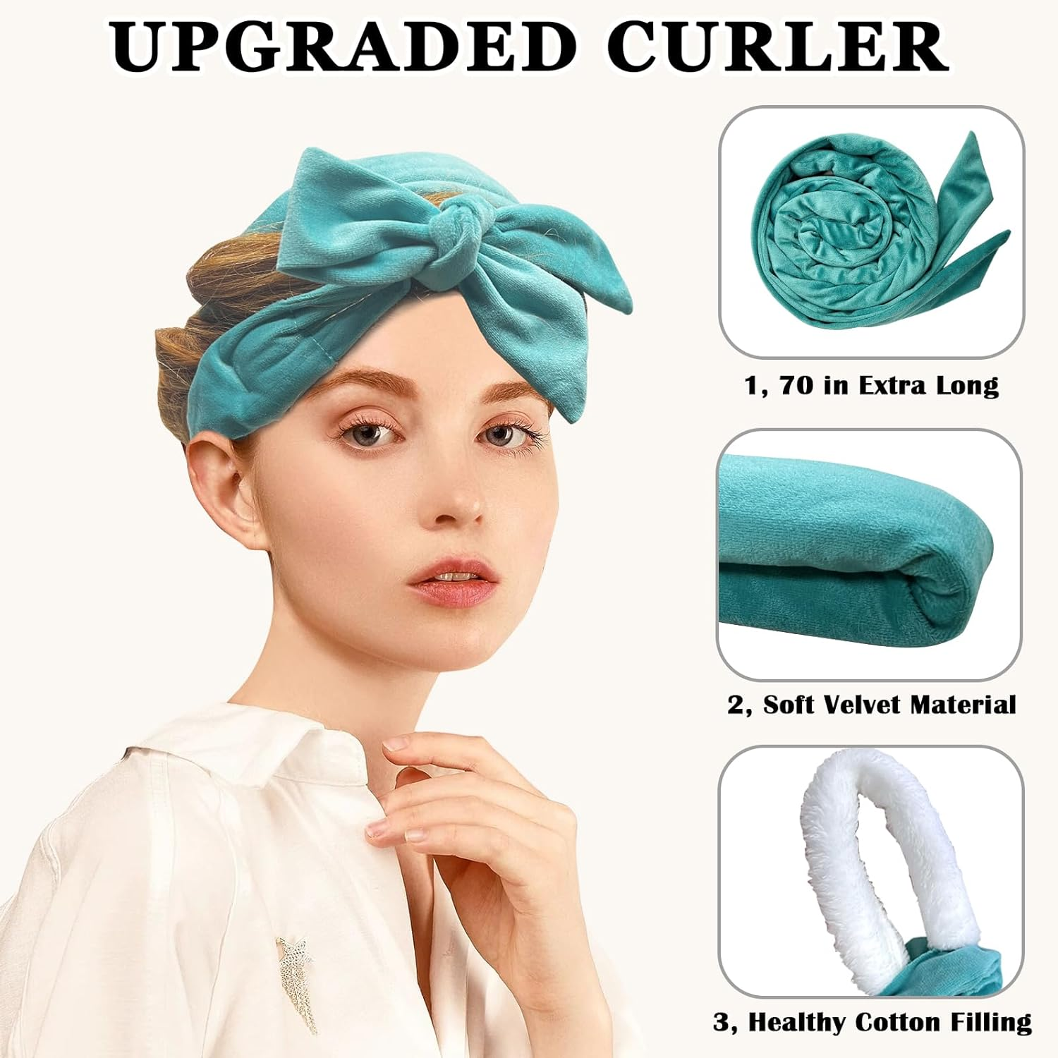 No Heat Overnight Curl Headband, 70" Soft Ribbon Wrap for Long Hair, 9 PCS Hair Curling Rods Set - Blue Green - Blue image number 6