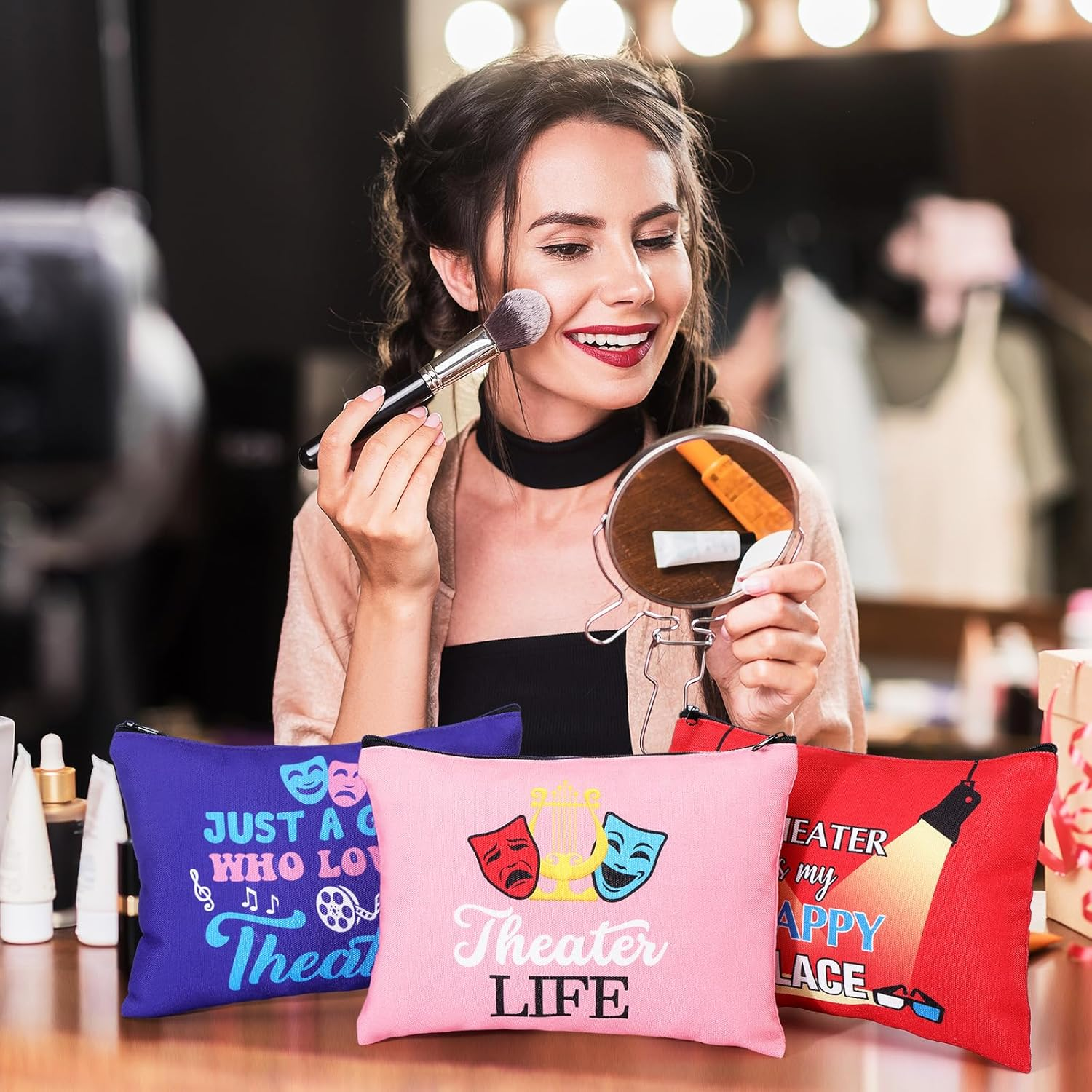 Reginary 12 Pcs Theater Makeup Bag Musical Drama Broadway Gifts Cosmetic Bag Comedy Tragedy Mask for Women Theater Lovers Actress Birthday Graduation Travel Zipper Pouch, Multicolor, Theater image number 5