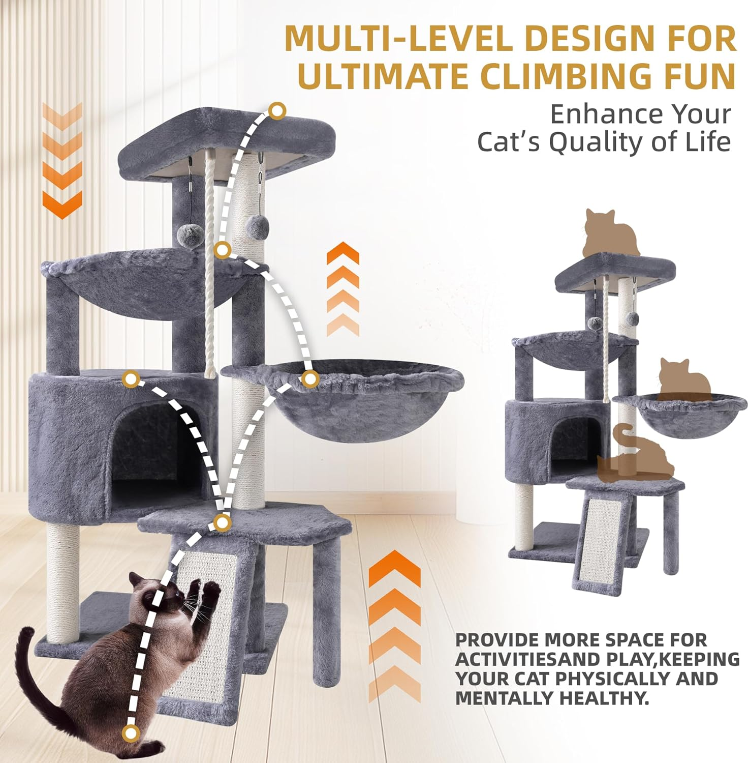 ROYPET 37.4'' Three Layer Cat Tree with Cat Condo Scratching Pad and Two Hammocks, Grey image number 2