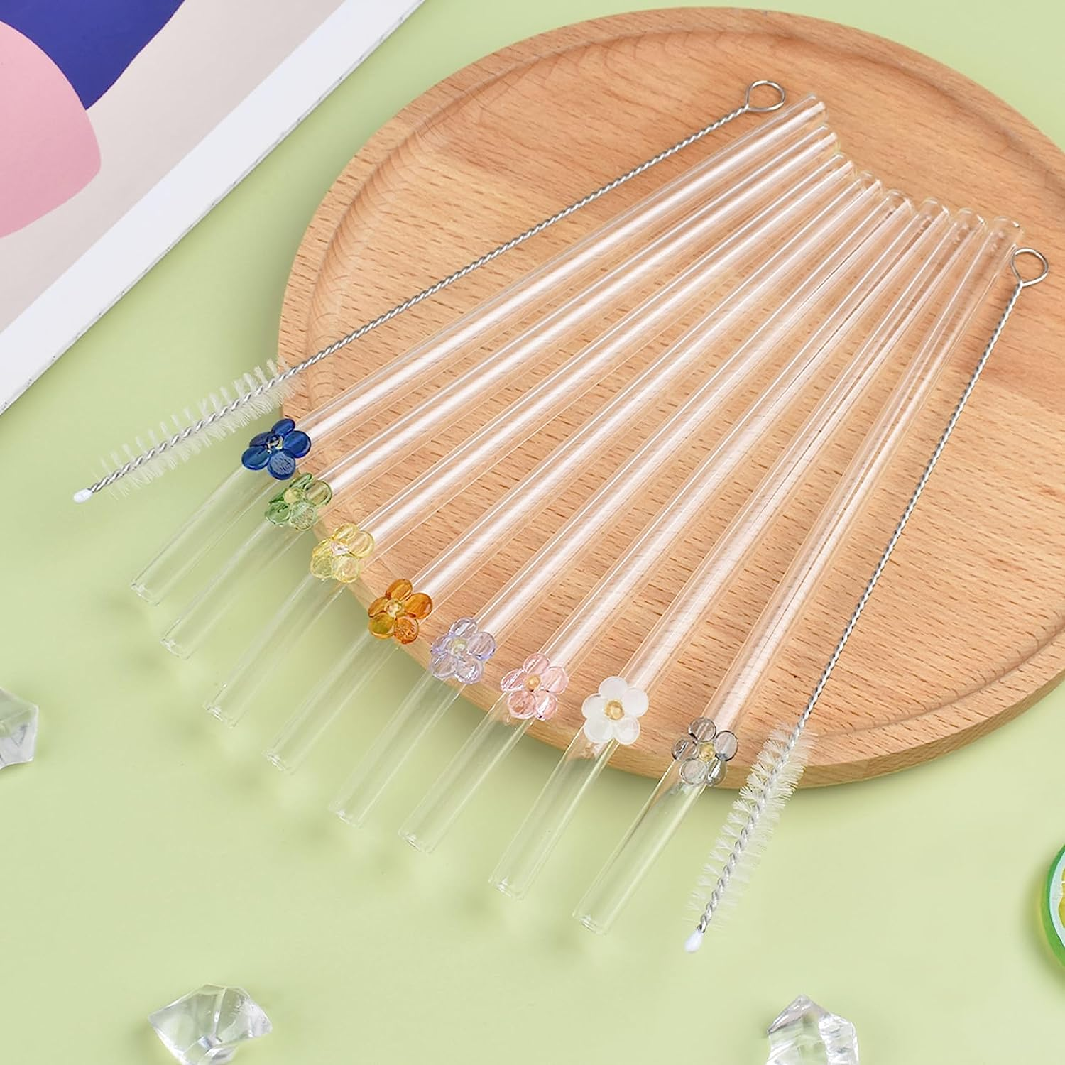8Pcs Reusable Drinking Straws, Flower Glass Straws, Food Grade Reusable Straw with 2Pcs Cleaner Brush, Cute Clear Glass Straws with Design for Drinking Smoothies, Juices, Shakes, Cocktails