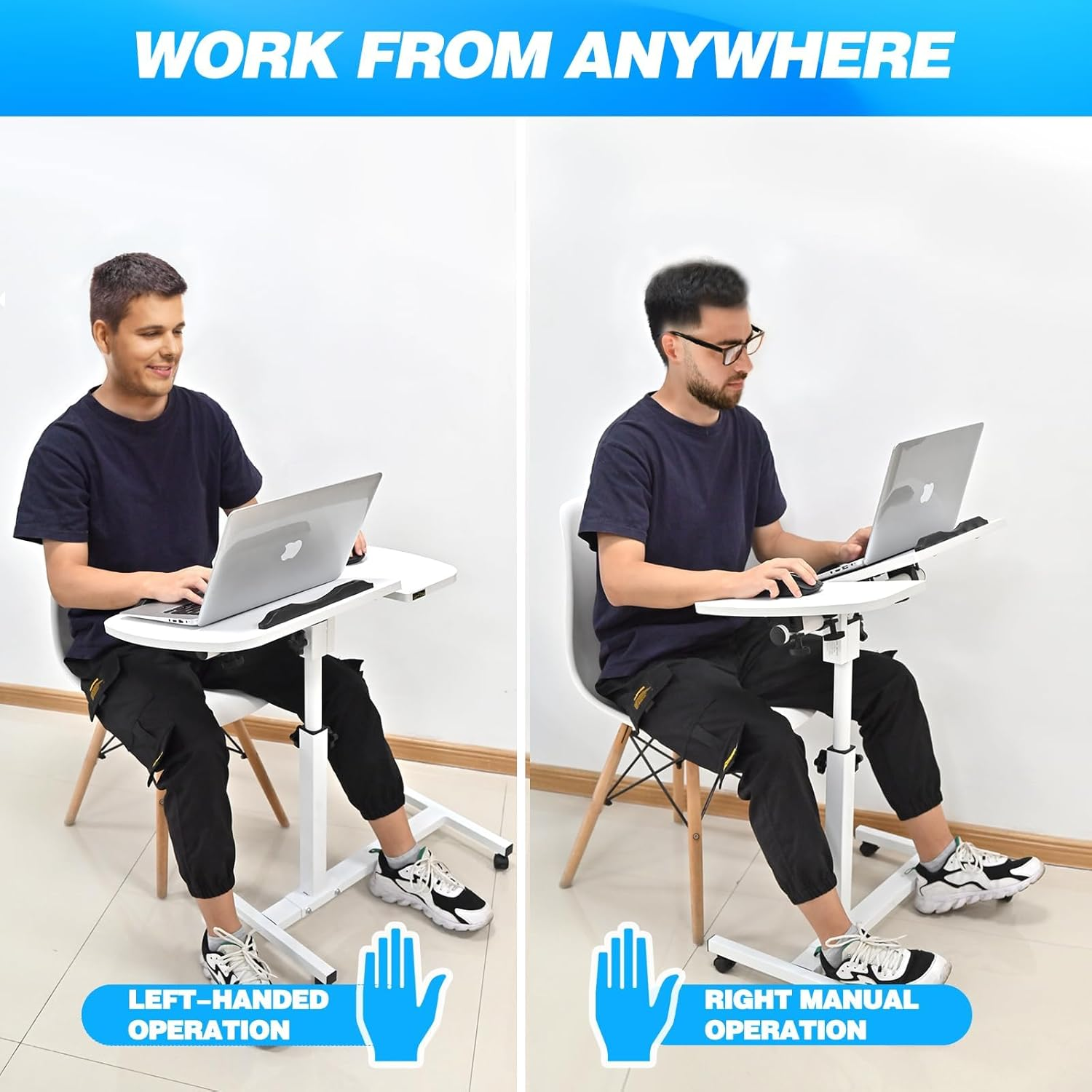 Mobile Overbed Table with Wheels, Lifting and Rotating Laptop Desk, Height Adjustable Mobile Standing Desk, Bedside Table for Home Office, Laptop Computer Desk with Tray for Work Study Reading - White image number 5