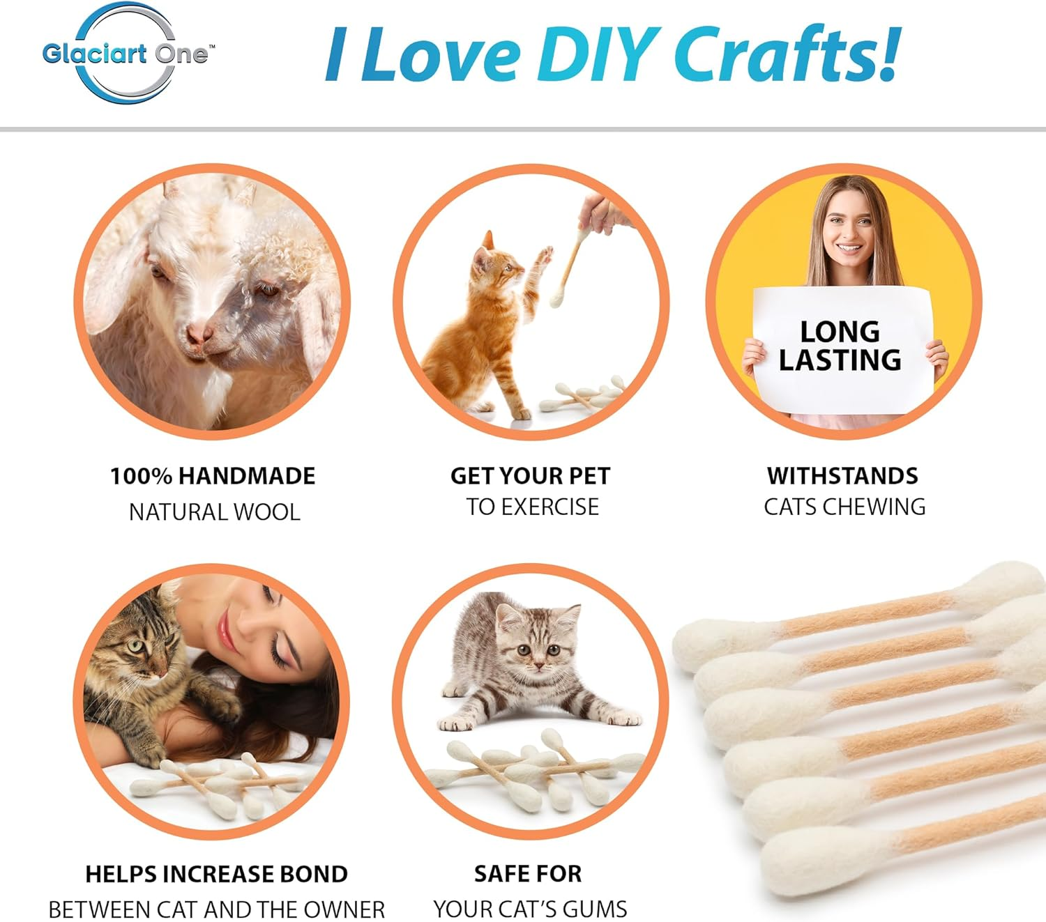 Glaciart One Swabs Cat Toys with Catnip - 6 Pk | Durable for Chew, Cute Cat Toys Interactive Kitty for Boredom, Exercise, & Play | Filled W/Organic Catnip for Anxiety & as Digestive Aid | Gift Idea