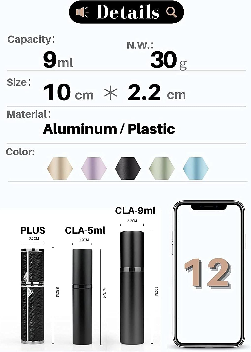 Asanana Perfume Atomiser, Refillable & Travel Size Perfume Bottle, 9 Ml (P9-Silver) image number 3