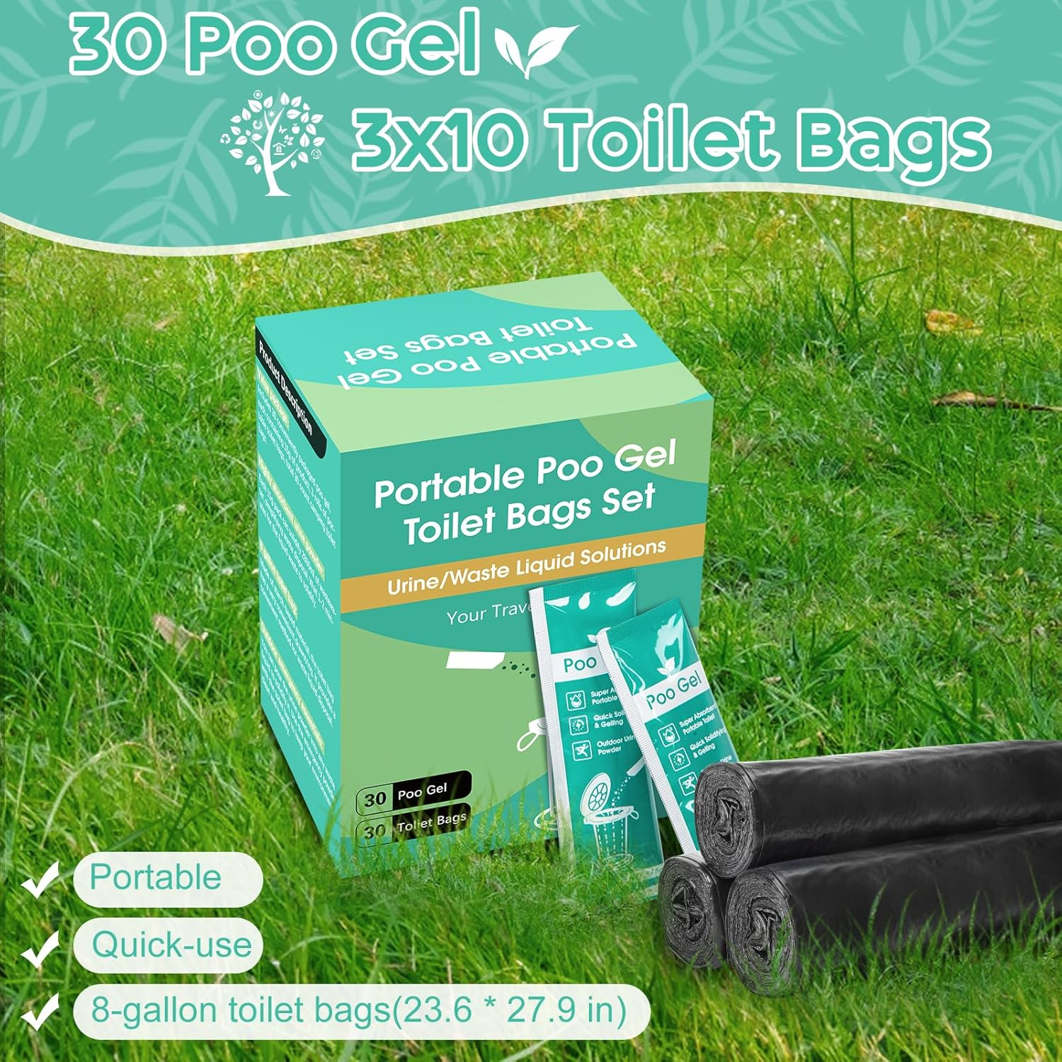 30 Portable Toilet Bags Poo Gel Set, 8 Gallon Camping Toilet Bags with Portable Absorbent Toilet Gel, Urine Powder with Potty Trash Waste Bags for Outdoor Camping, Traveling, Emergency image number 5