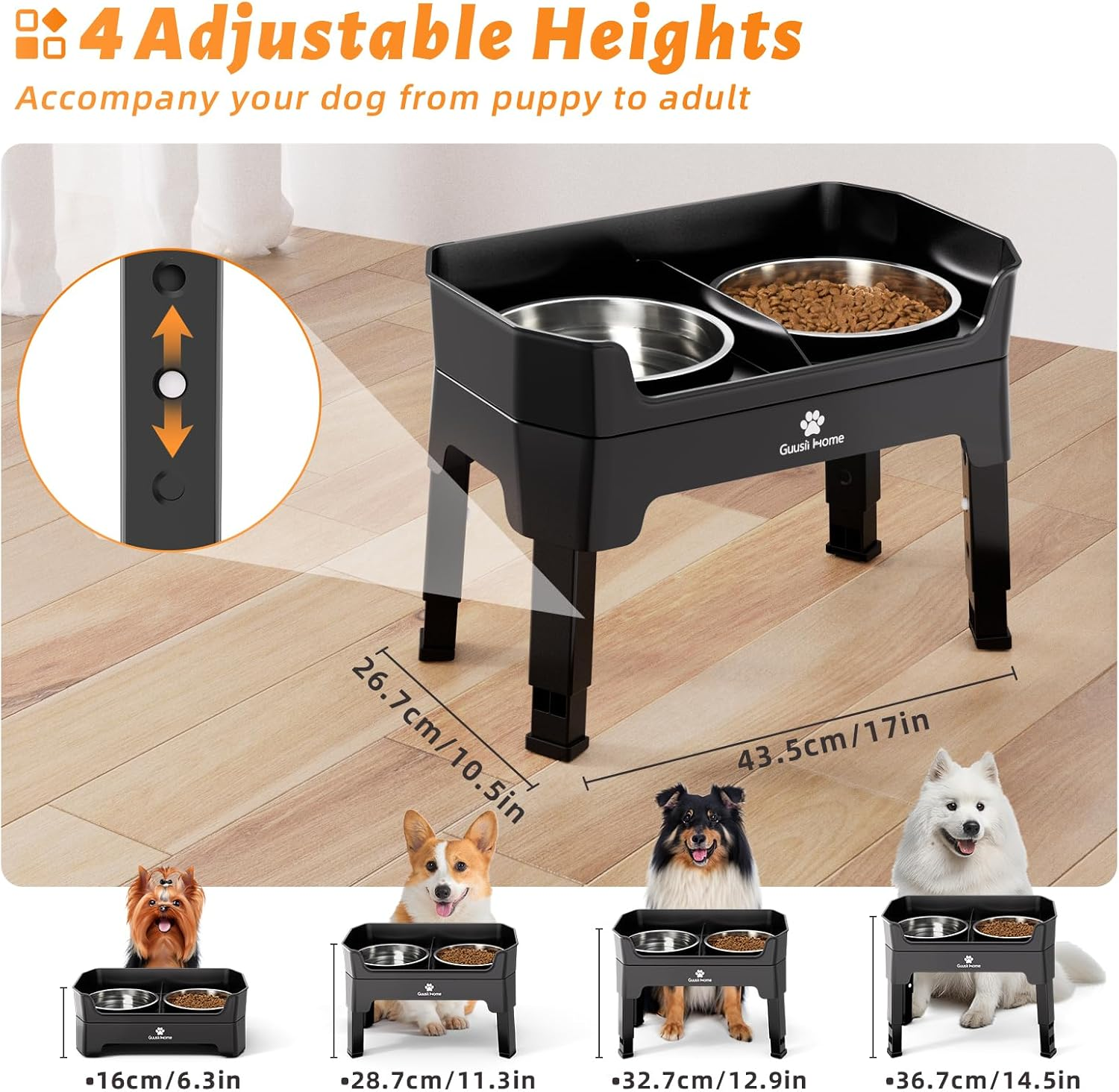 GUUSII HOME Elevated Dog Bowl with Stand Raised Feeding Station for Large Medium Small Sized Dogs Licking Plate Slow Food and Water Dish Set Adjustable Height 43.5 * 26.7 * 16/28.7/32.7/36.7Cm 1600Ml image number 4