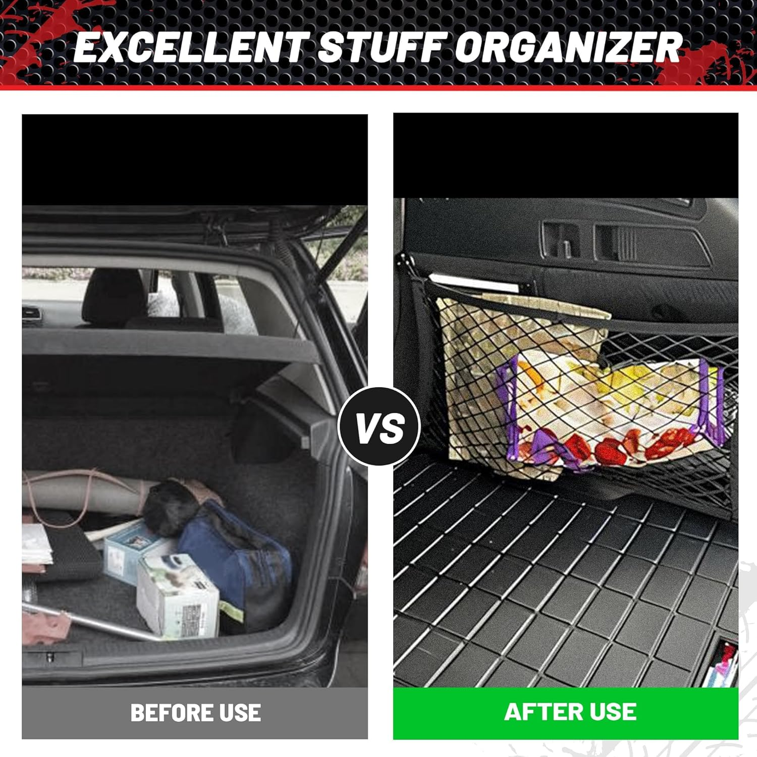 RED Wolf 2 Layer Small Mesh Cargo Net Elastic Storage Netting 2 Pcs Stretchable Car Organizer Net 14&times;10 Inch for Trunk RV Boats Home Auto Cargo Net Pocket with Screws and Hooks image number 5