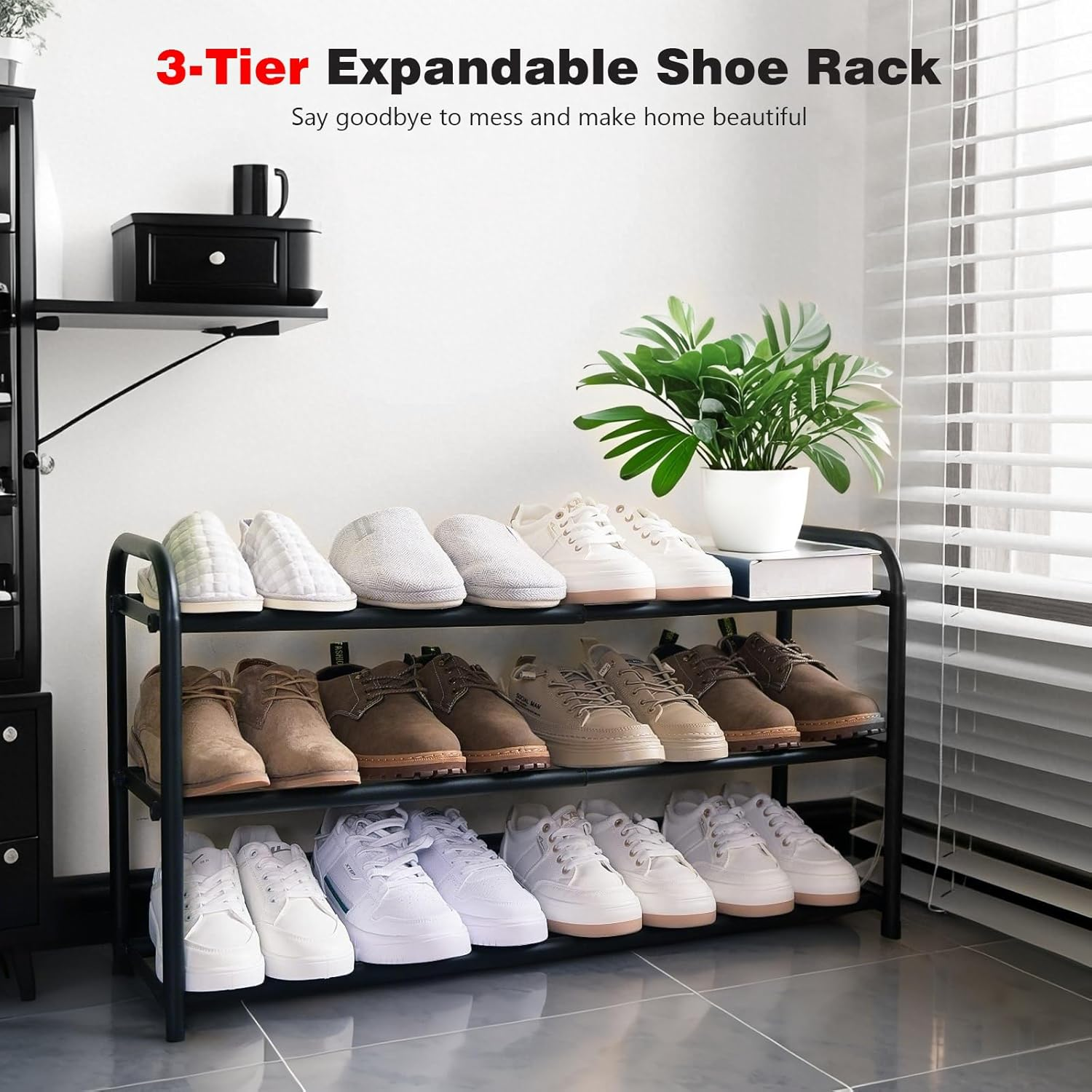 Expandable 3-Tier Shoe Rack, Adjustable Shoe Shelf Storage Organiser with Heavy Duty Metal Construction, Free Standing Shoe Rack for Hallway, Closet, and Entryway(Black) image number 3