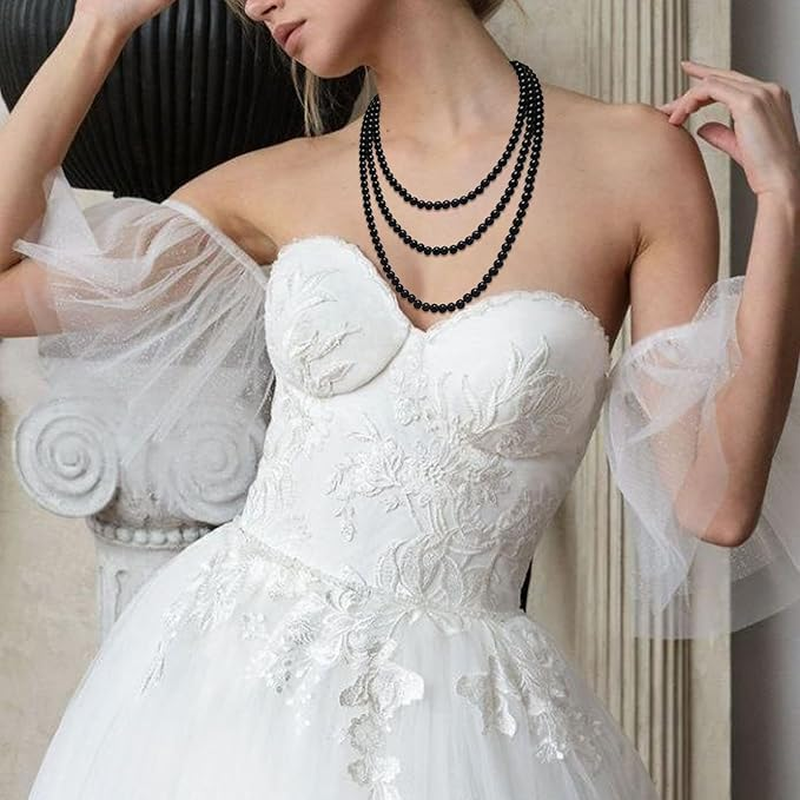 Faux Pearl Necklaces,Women Long Pearl Necklace Costume Jewelry,Pearl Necklace Vintage Multi Strands Necklace,Layered Pendant Pearls Jewelry Pearl Necklaces,White Pearl Costume Necklace - Black image number 5