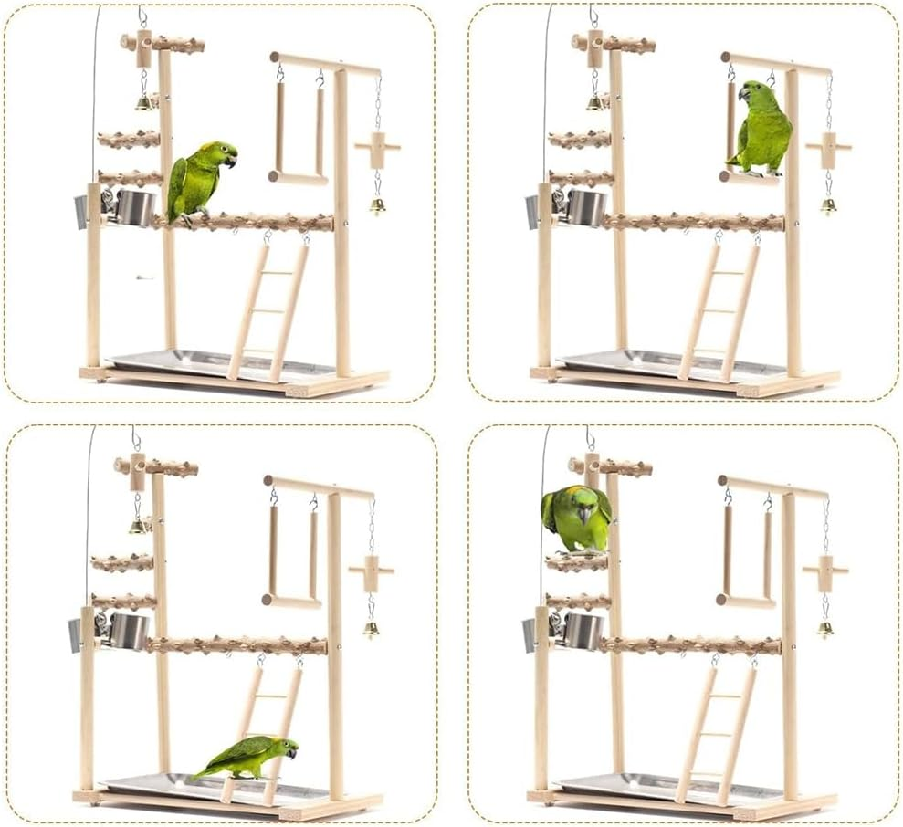 Bird Playground, Parrot Playstand with Wooden Perch, Ladder Feeder Cups and Hanging Bells Level Stand Ladder Cage Swings, Bird Toys Swing Exercise Life Activity Center Training Stand image number 2