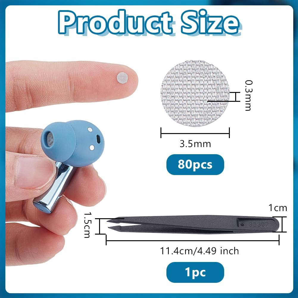 OLYCRAFT 80Pcs 4Mm Earbuds Filters Earphone Filter Mesh Silver Earphone Protective Filters Nylon Screen Earbud Filters with 1Pc Anti-Static Beading Tweezer for In-Ear Headphone Mesh Replacement