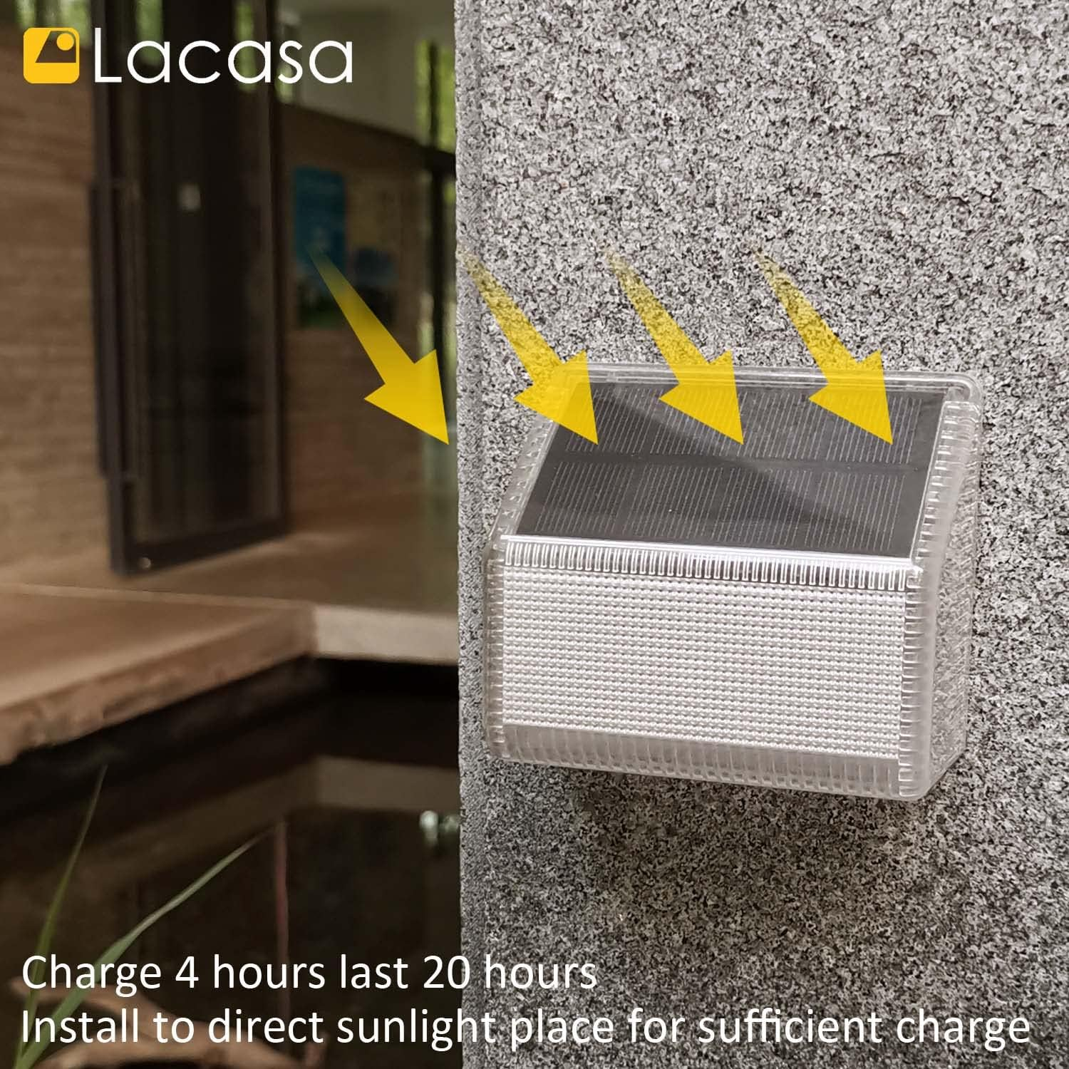 Lacasa Solar Fence Lights Outdoor, 4 Pack 24 LED Solar Deck Lights Waterproof Accent Wall Lights, up All Night Lighting for Garden Step Patio Backyard Porch Pathway, 50LM Warm White image number 5