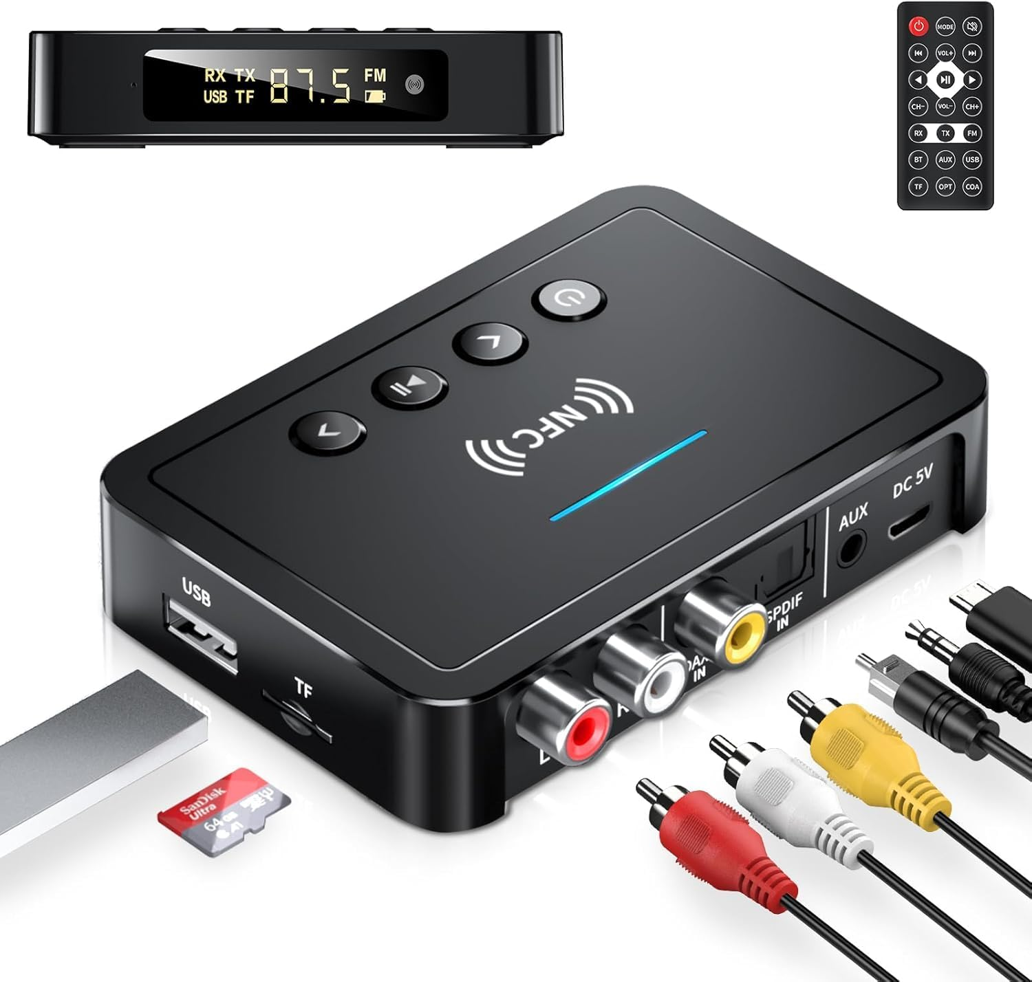 Bluetooth Transmitter, Beedove 3 in 1 Bluetooth 5.0 Transmitter Receiver Adapter, Wireless Audio Adapter with RCA/AUX Cable for Home Stereo/Speaker/Pc/Headphones