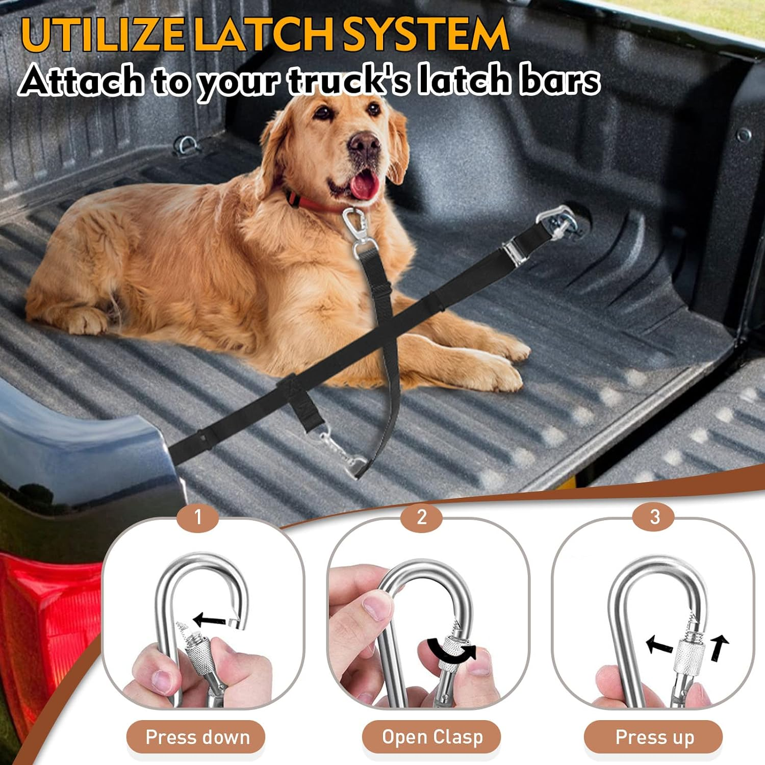 Truck Bed Dog Leash System, Dog Pickup Tether Tie Down, Dog Car Harness Belt Heavy Duty, Pick-Up Restraint Lead Adjustable, Dog Truck Leash for Dogs up to 150Lbs, Dog Truck Bed Barrier Tie down Out image number 4