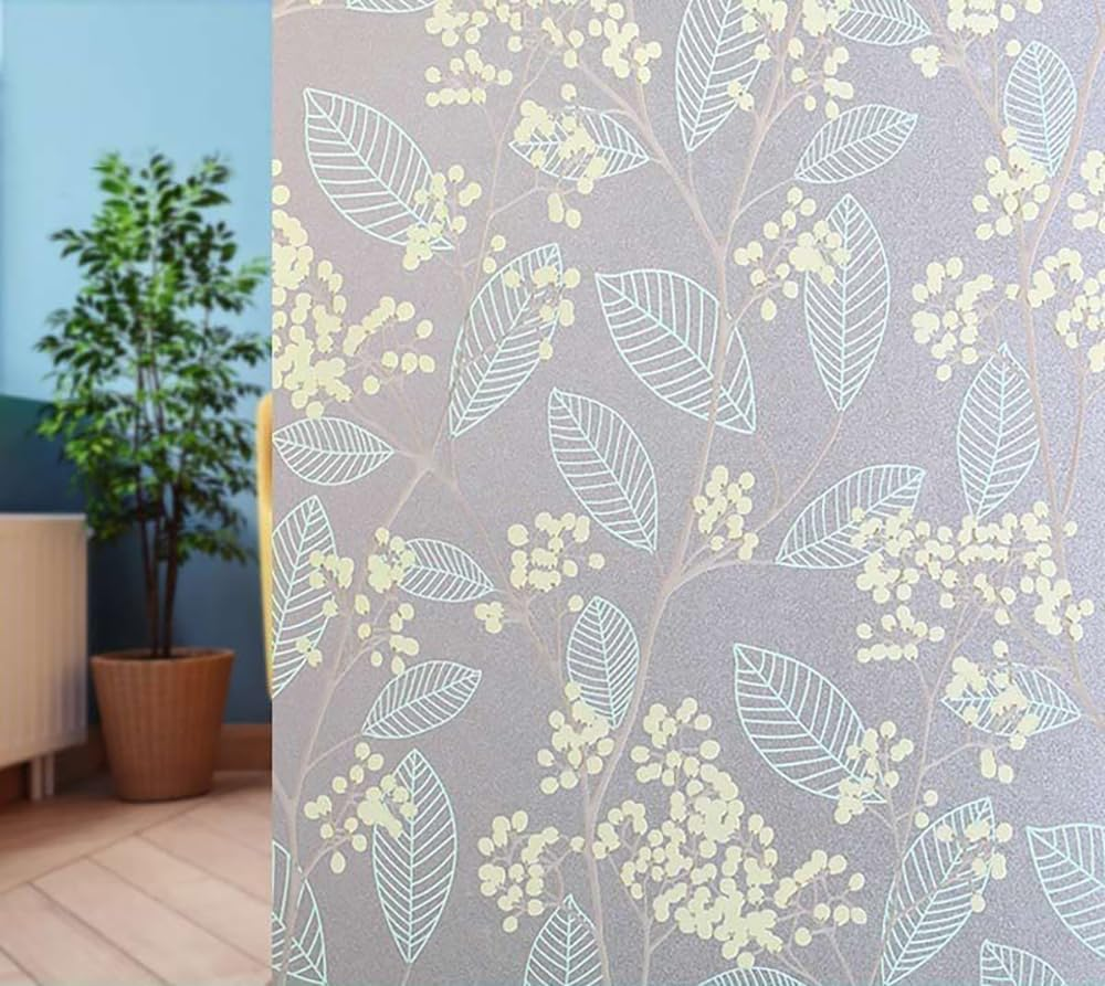 3D Leaf Pattern Privacy Window Film - Decorative Static Cling Glass Film with Anti-Uv Protection for Home, Kitchen, Bedroom - Non-Adhesive, Easy to Install - Size: 60 X 150 Cm image number 1