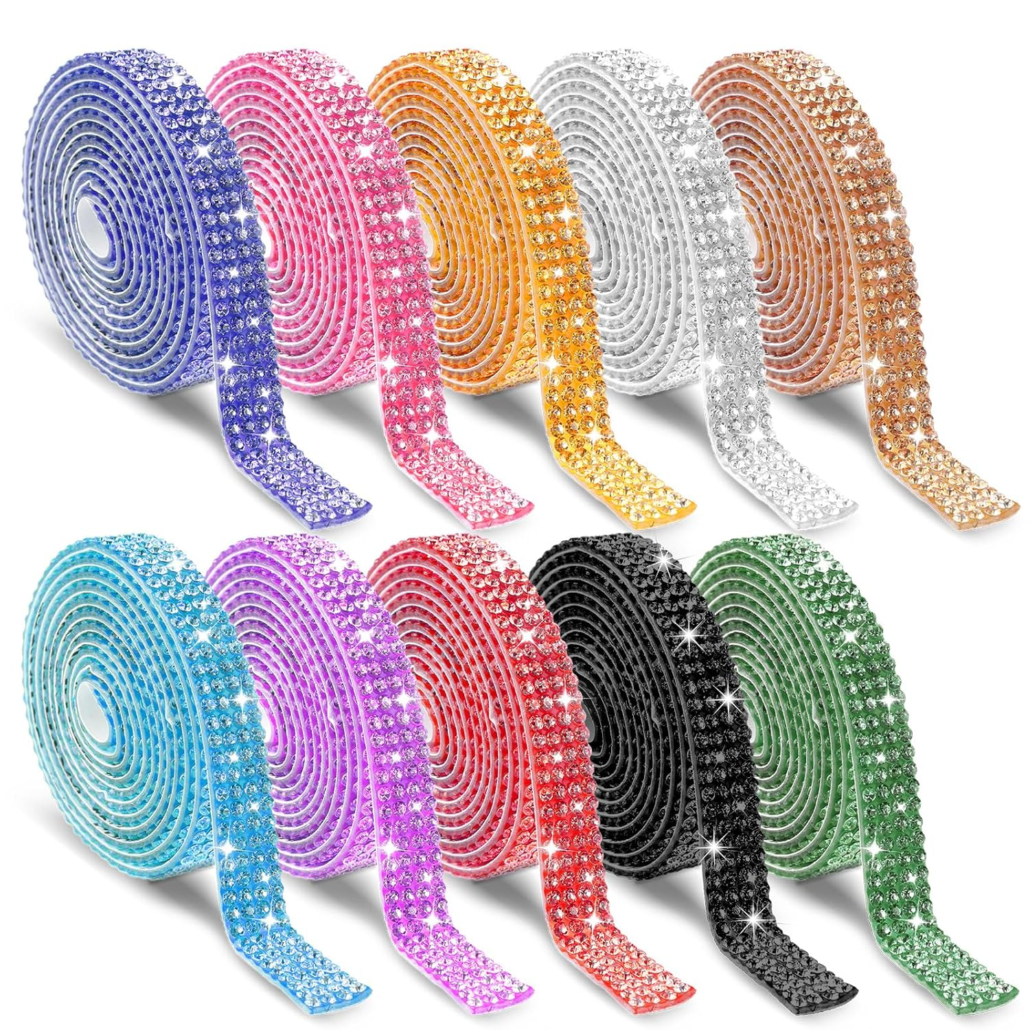 10 Rolls Self Adhesive Rhinestone Ribbon Crystal Diamond Tape Assorted Colors Rhinestone Strips for DIY Phone Car Rhinestone Hat Band Decorations Glitter Arts Crafts Sticker (Each Roll 1 Yard)