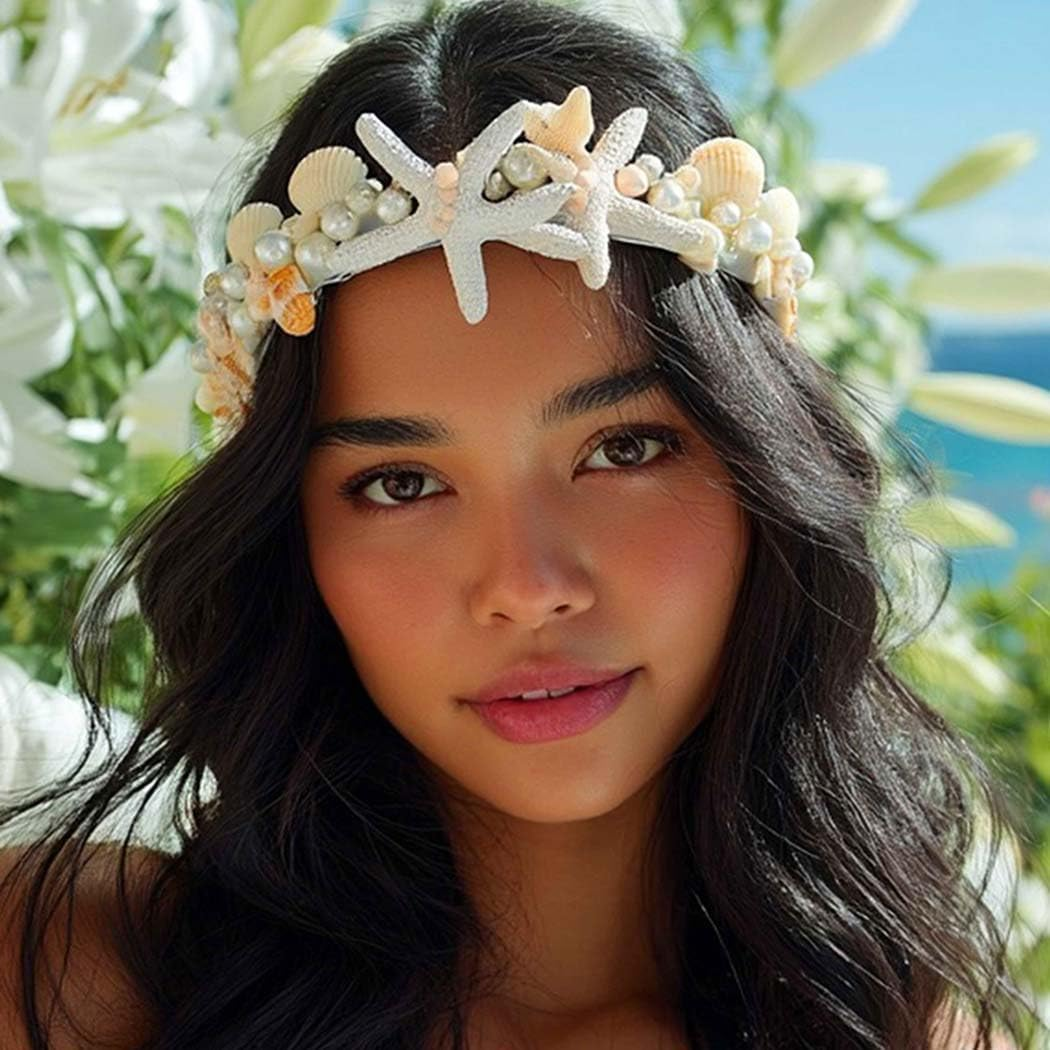 Kesvb Starfish Headband Silver Bride Pearl Hair Band Sea Shell Headpiece Beach Wedding Hair Accessories for Women and Girls image number 2