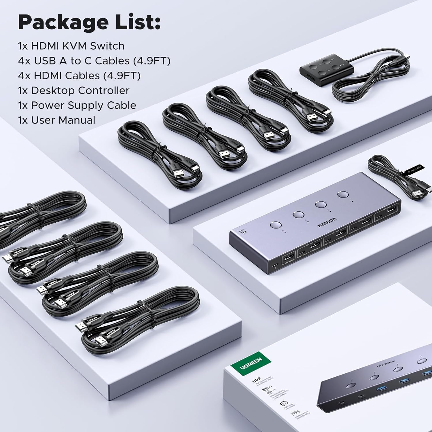 UGREEN 8K@60Hz HDMI KVM Switch 4 Computers with 4 USB 3.0 Ports Aluminum KVM Switches Share One Monitor Keyboard Mouse Hard Drives Printer with 4 HDMI Cables, 4 USB Cables and Desktop Controller image number 1